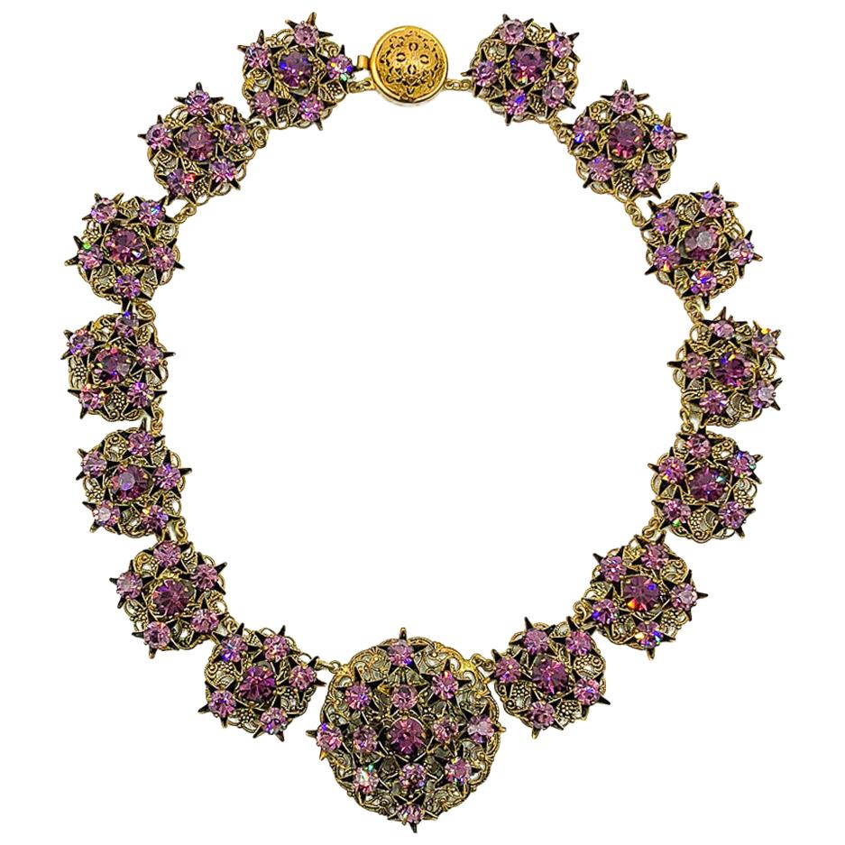 Vintage Czech Purple Crystal Filigree Star Collar 1940s