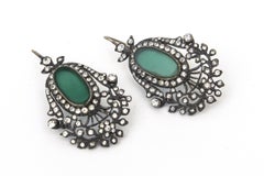 Vintage Czech Rhinestone, Rhodium, Silver, Green Glass Dangle Pierced Earrings