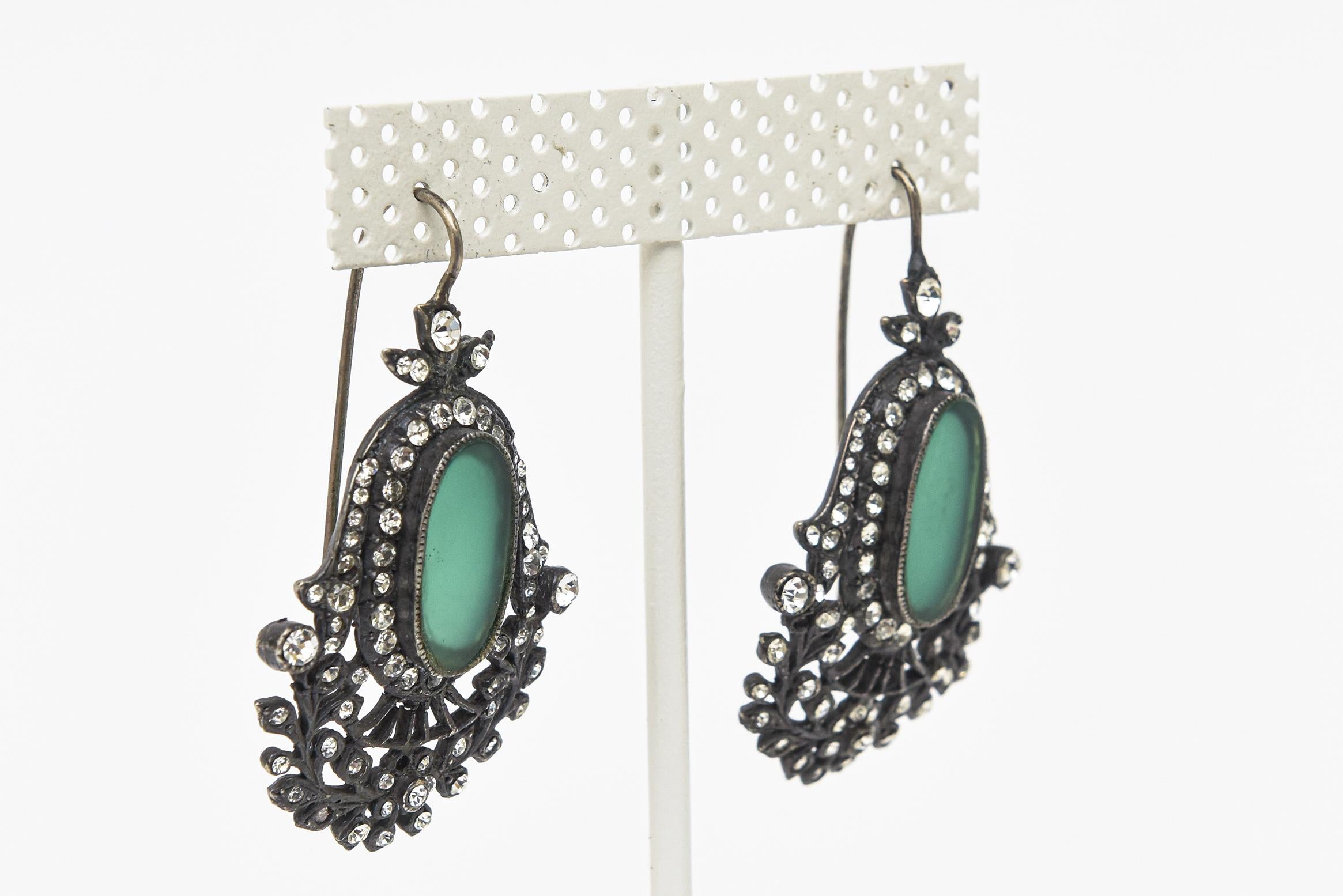 Women's Vintage Czech Rhinestone, Rhodium, Silver, Green Glass Dangle Pierced Earrings For Sale