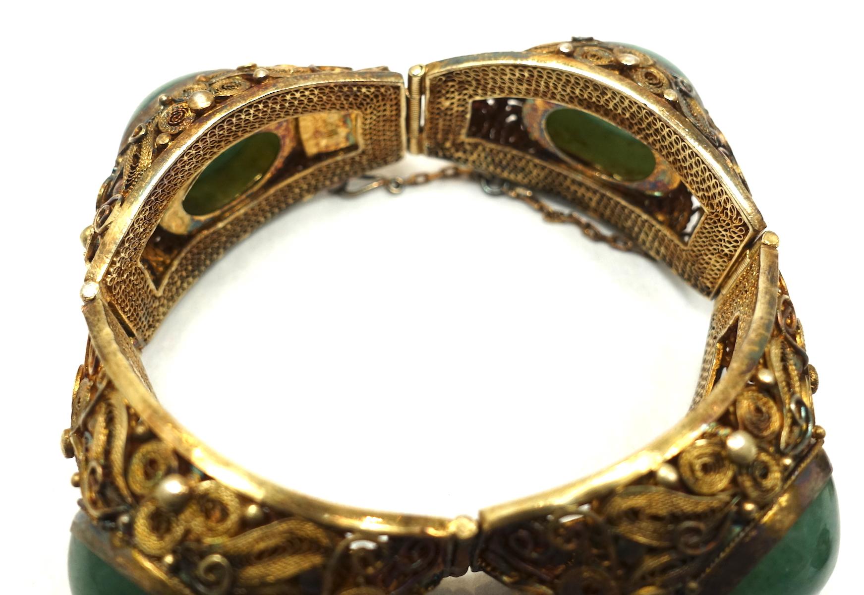 Vintage Czech Sterling/Gold Wash Green Stone Bracelet & Earrings In Good Condition In New York, NY