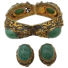 Retro Czech Sterling/Gold Wash Green Stone Bracelet & Earrings