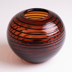 Vintage Czech Tarnowiec Amber Vase with Black Swirl Pattern Detail