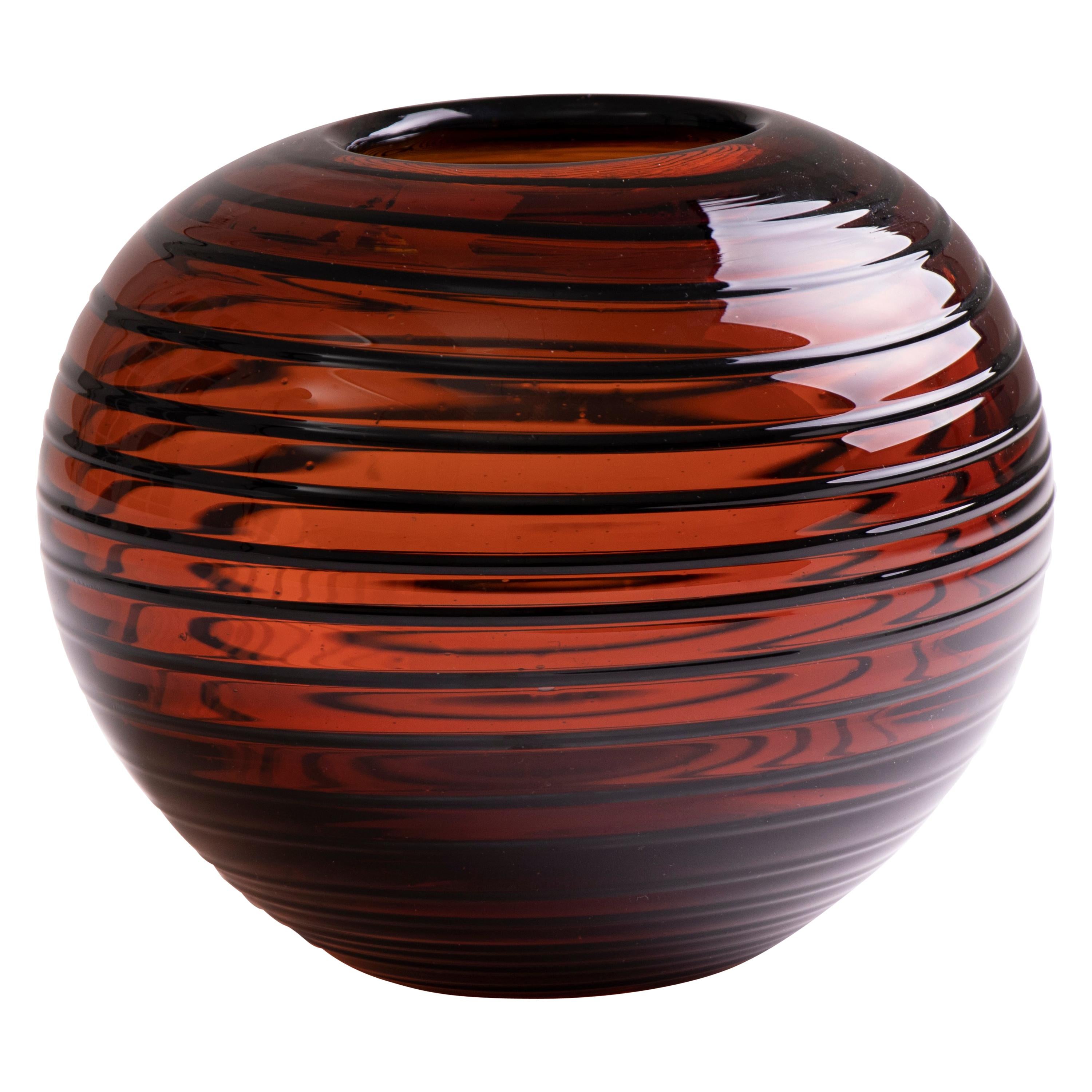 Vintage Czech Tarnowiec Amber Vase with Black Swirl Pattern Detail