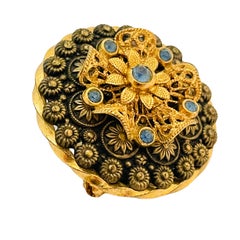 Vintage CZECHO signed gold blue rhinestone brooch