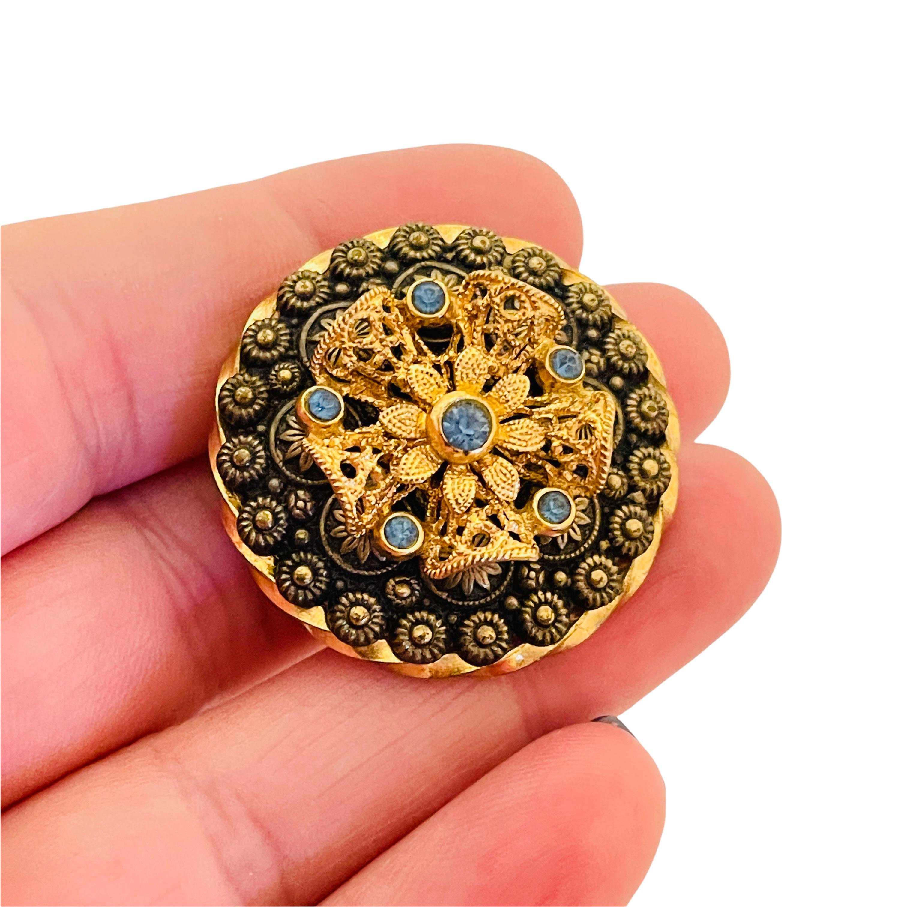 Vintage CZECHO signed gold blue rhinestone brooch In Good Condition In Palos Hills, IL
