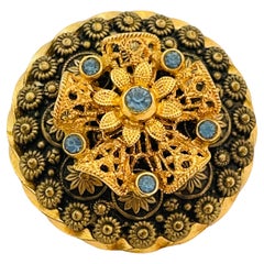 Vintage CZECHO signed gold blue rhinestone brooch