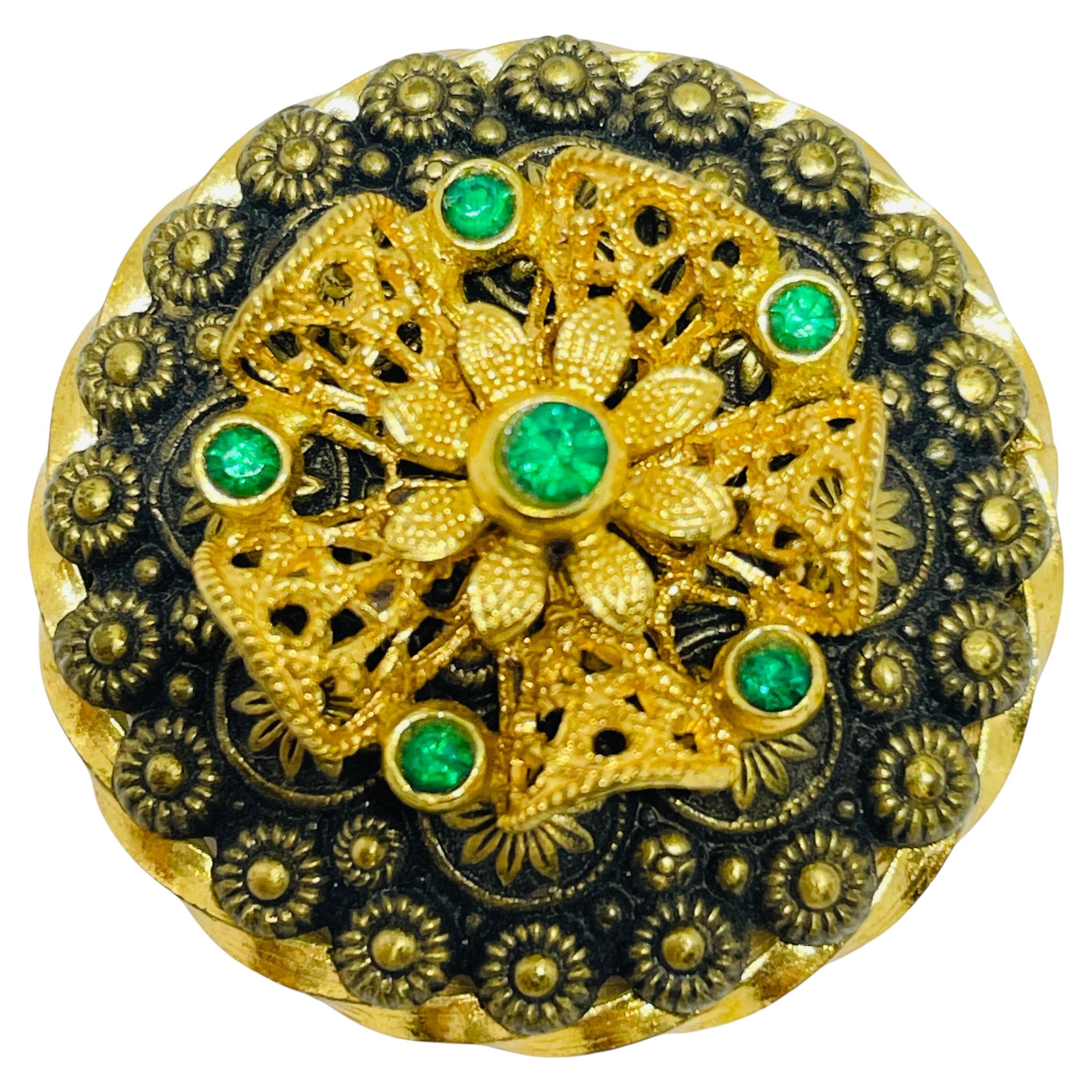 Broche vintage CZECHO signée, strass émeraude plaqué or