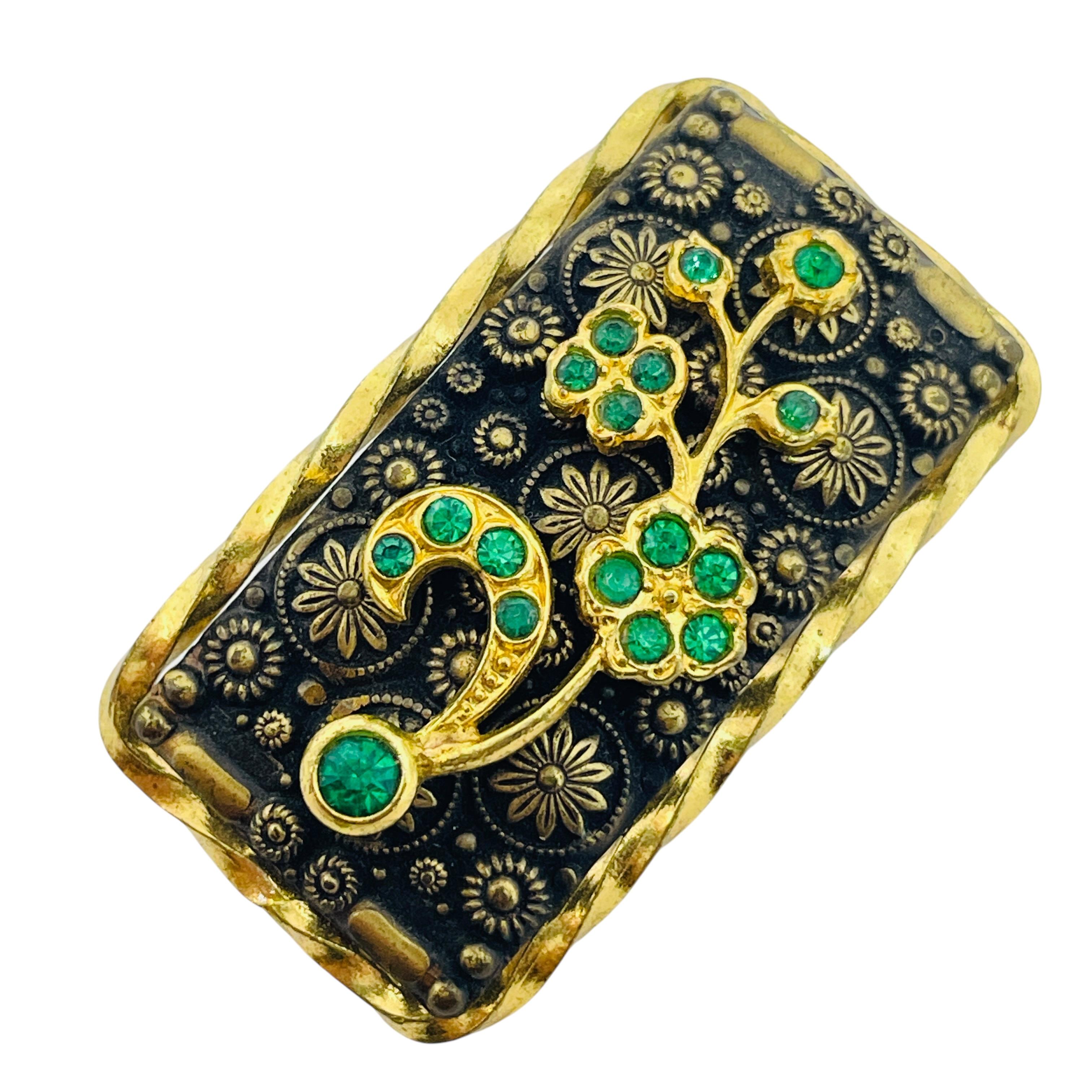 Vintage CZECHO signed gold plated emerald rhinestones brooch For Sale