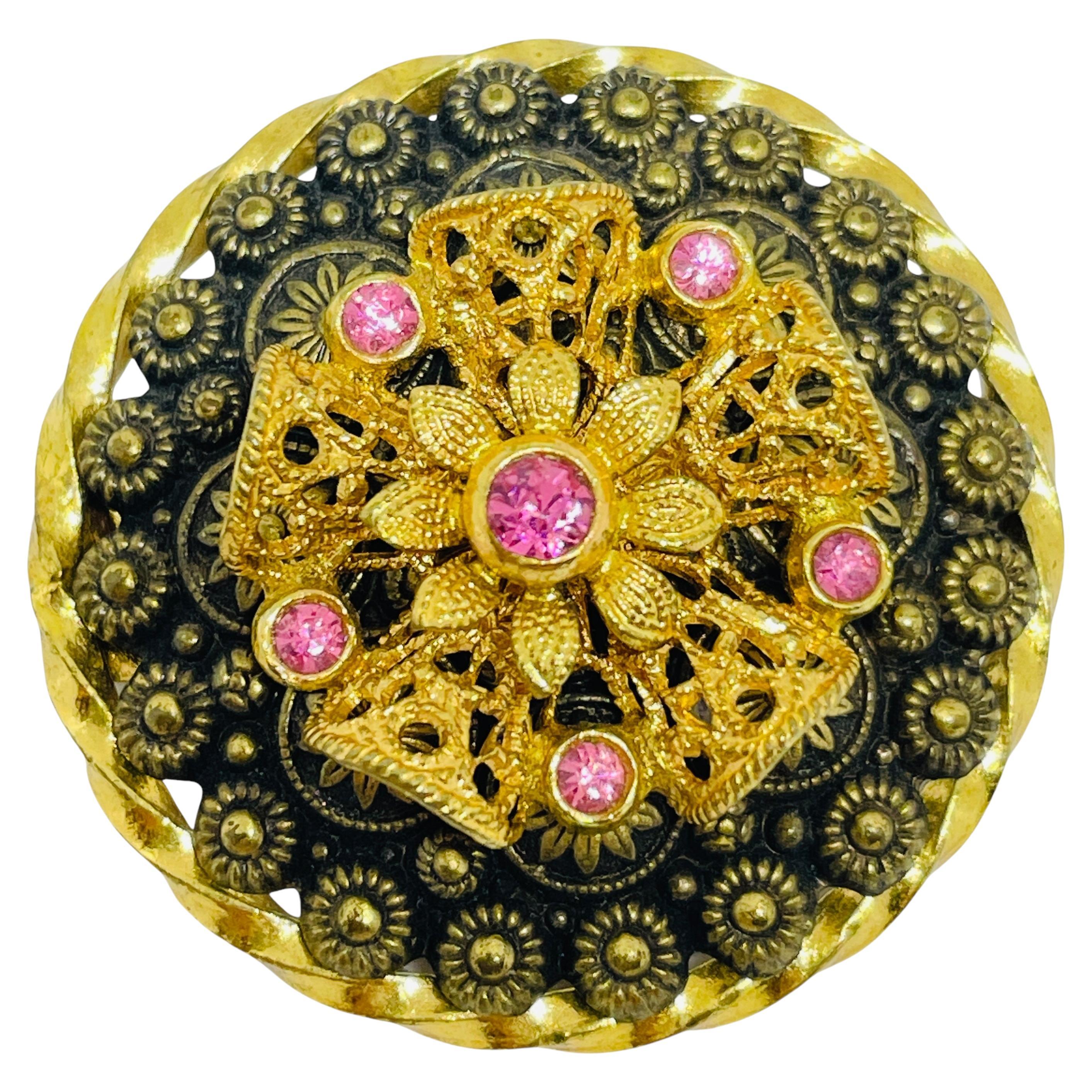 Spilla vintage con strass rosa placcati in oro firmata CZECHO