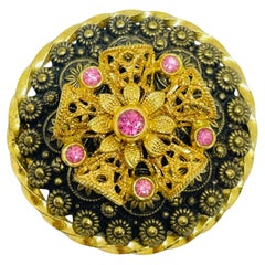 Vintage CZECHO signed gold plated pink rhinestones brooch