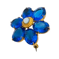 Vintage CZECHO SLOVAKIA gold sapphire glass flower brooch