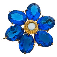 Vintage CZECHO SLOVAKIA gold sapphire glass flower brooch