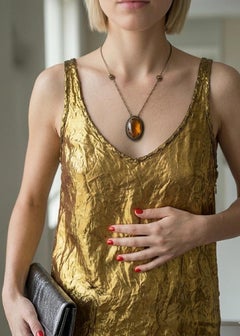 Vintage Czechoslovakian Amber Glass and Gilt Filigree Pendant Necklace, circa 19