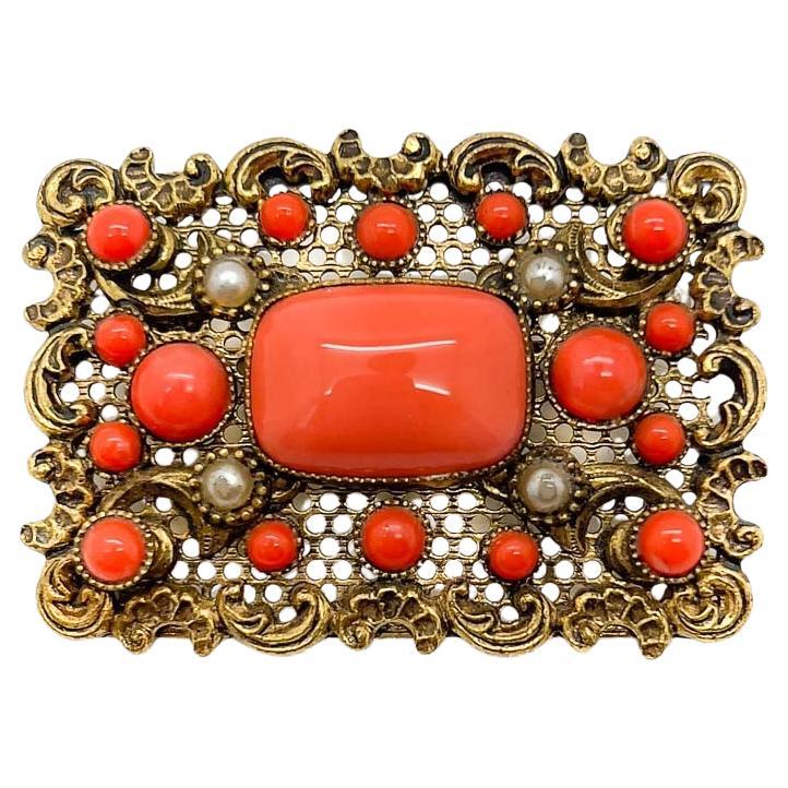 Vintage Czechoslovakian Coral Glass Filigree Brooch 1930s