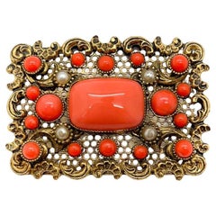 Vintage Czechoslovakian Coral Glass Filigree Brooch 1930s