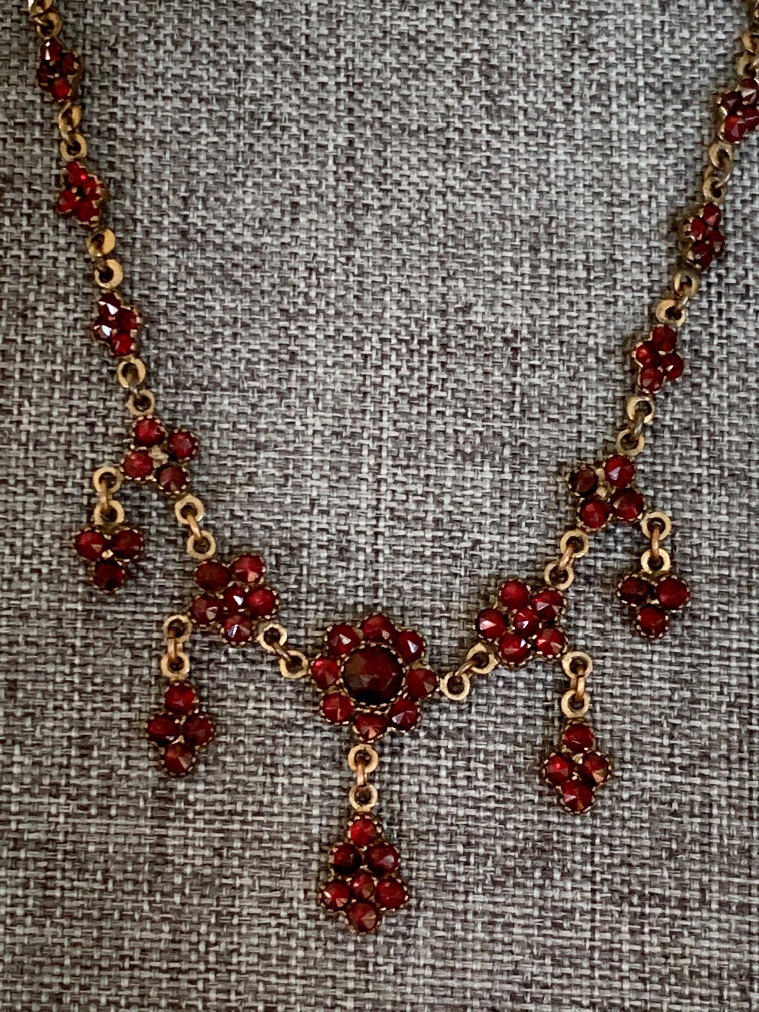 Victorian Vintage Czechoslovakian Garnet Long Gold Washed Gold Filled Necklace