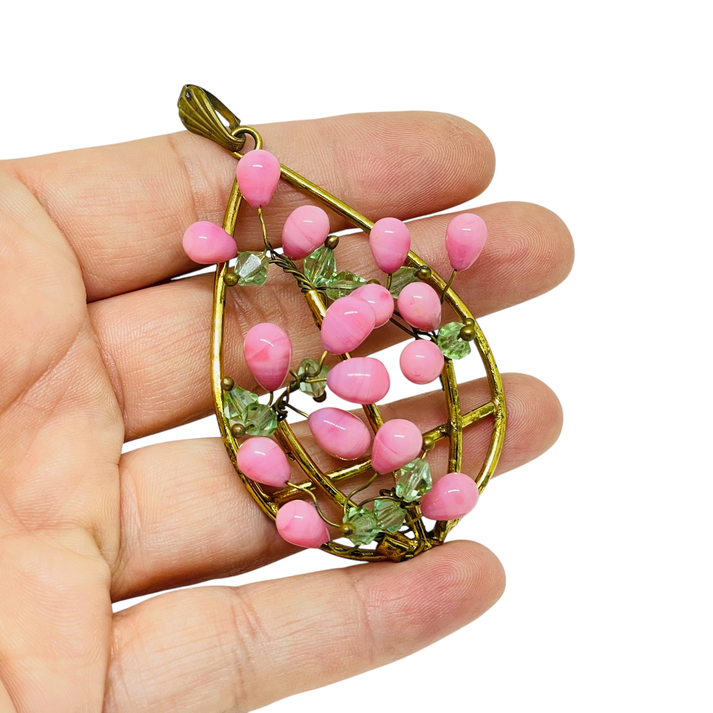 Women's Vintage CZECHOSLOVAKIAN gold tone glass beads designer pendant necklace For Sale