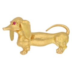 Vintage Dachshund With Ruby Eyes Brooch in Yellow Gold, 1980s