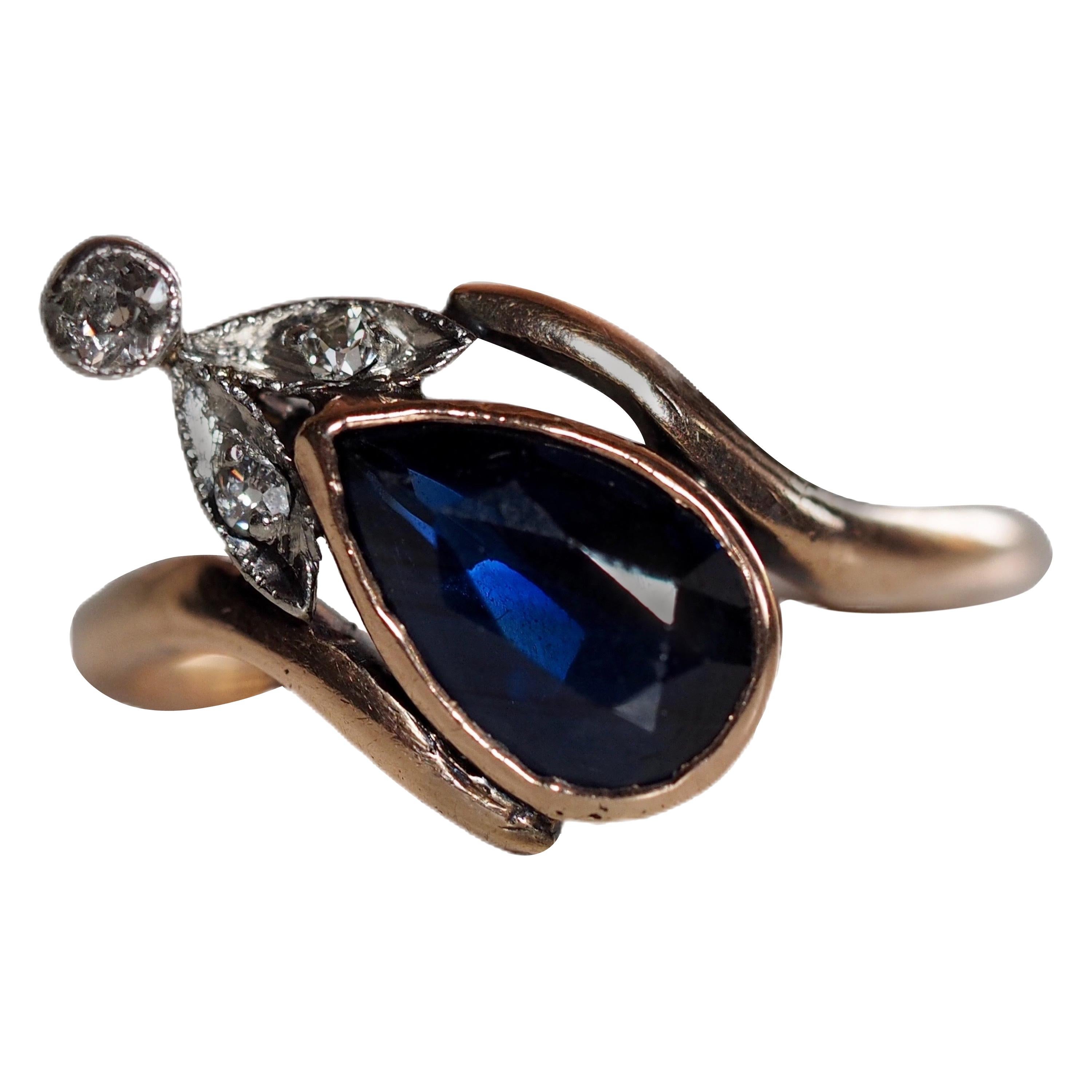 Vintage Dainty Art Deco Blue Sapphire Pear Ring