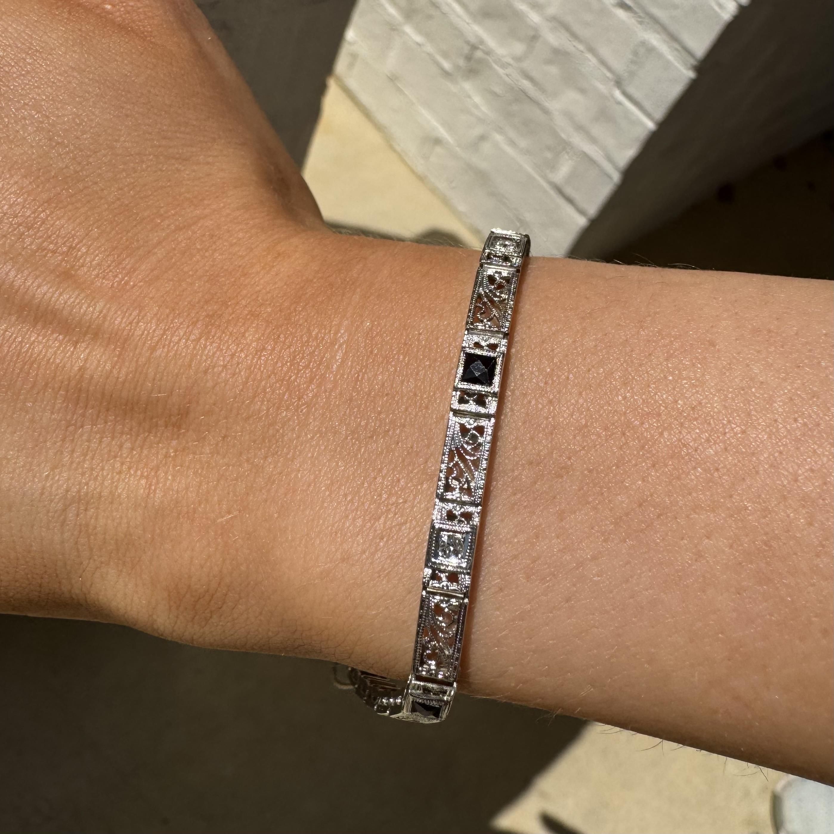 French Cut Vintage Dainty Art Deco Era Sapphire & Diamond Filigree Bracelet For Sale