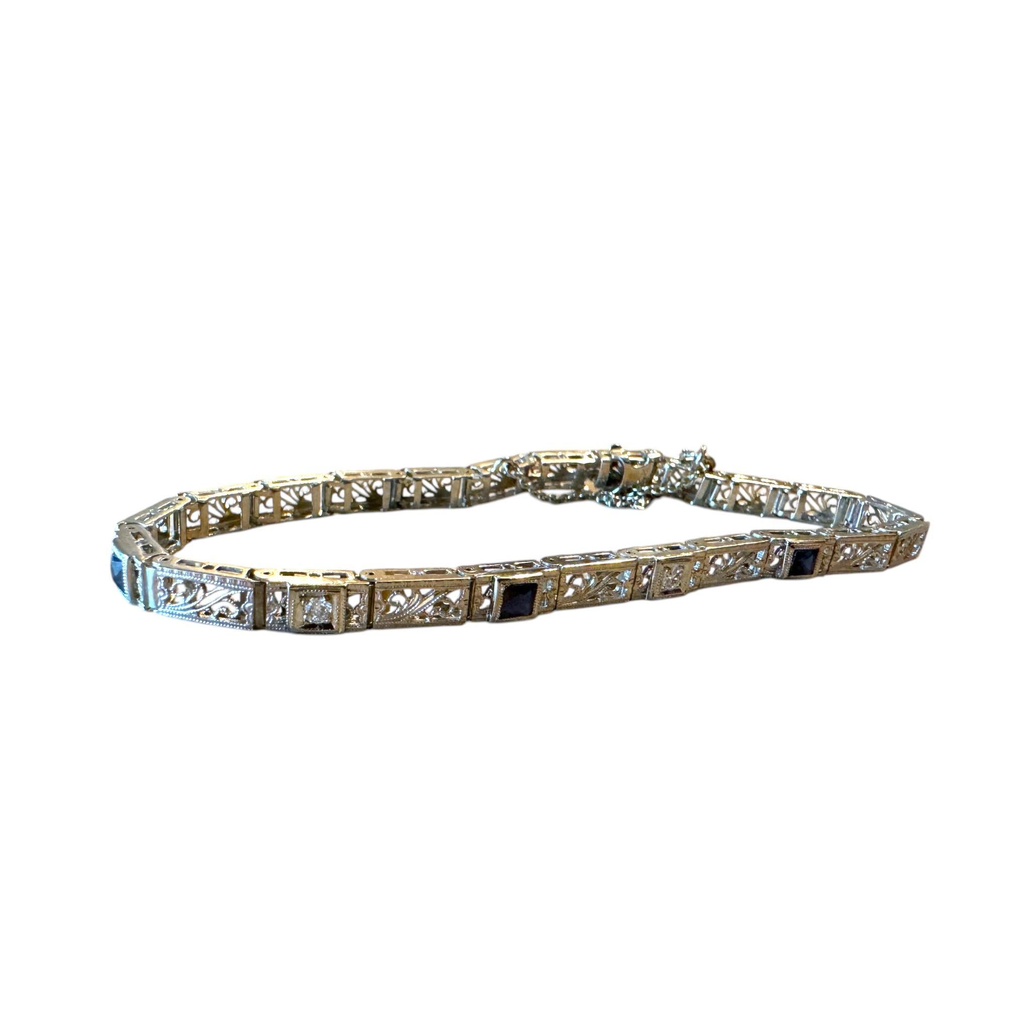 Women's Vintage Dainty Art Deco Era Sapphire & Diamond Filigree Bracelet For Sale