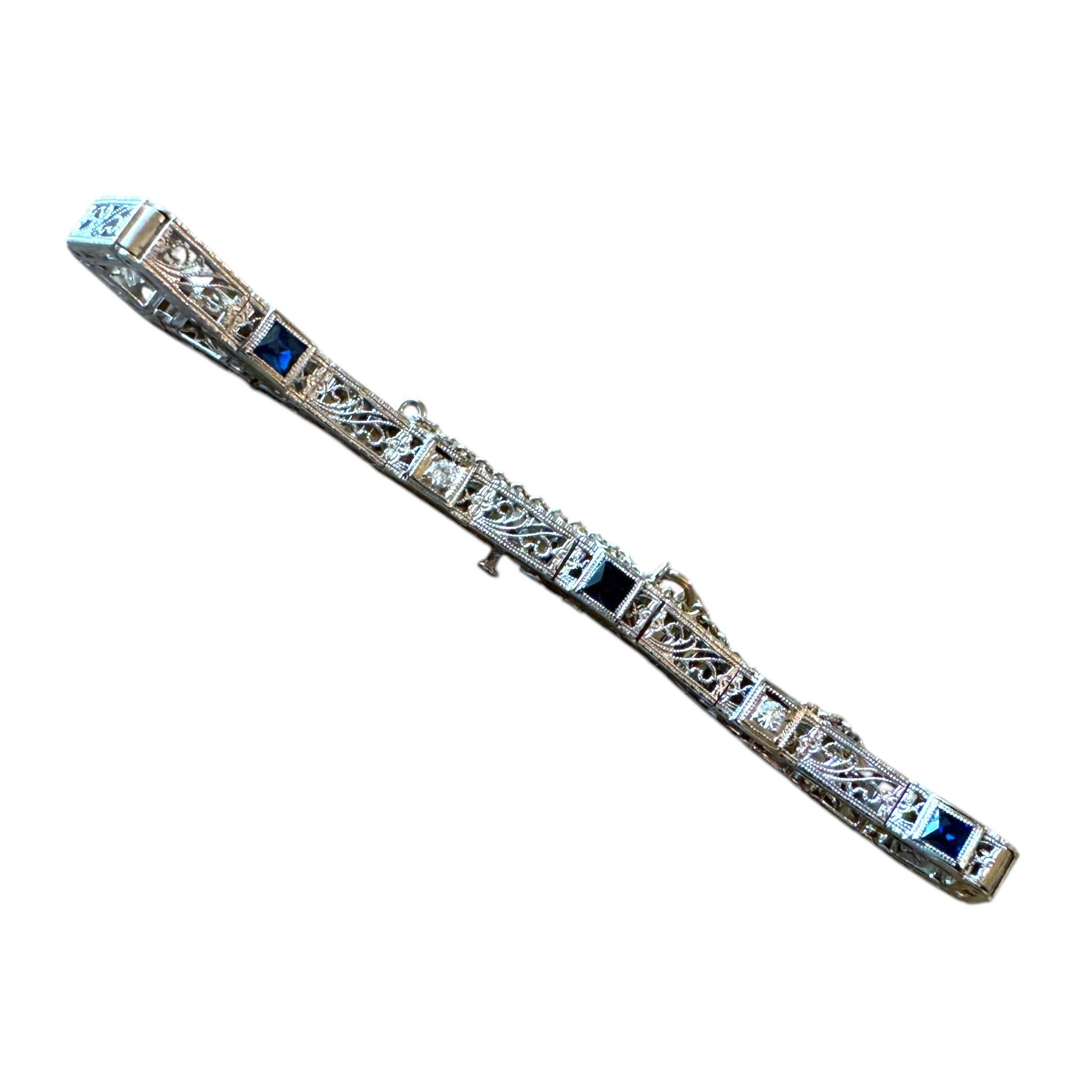 Vintage Dainty Art Deco Era Sapphire & Diamond Filigree Bracelet For Sale 1