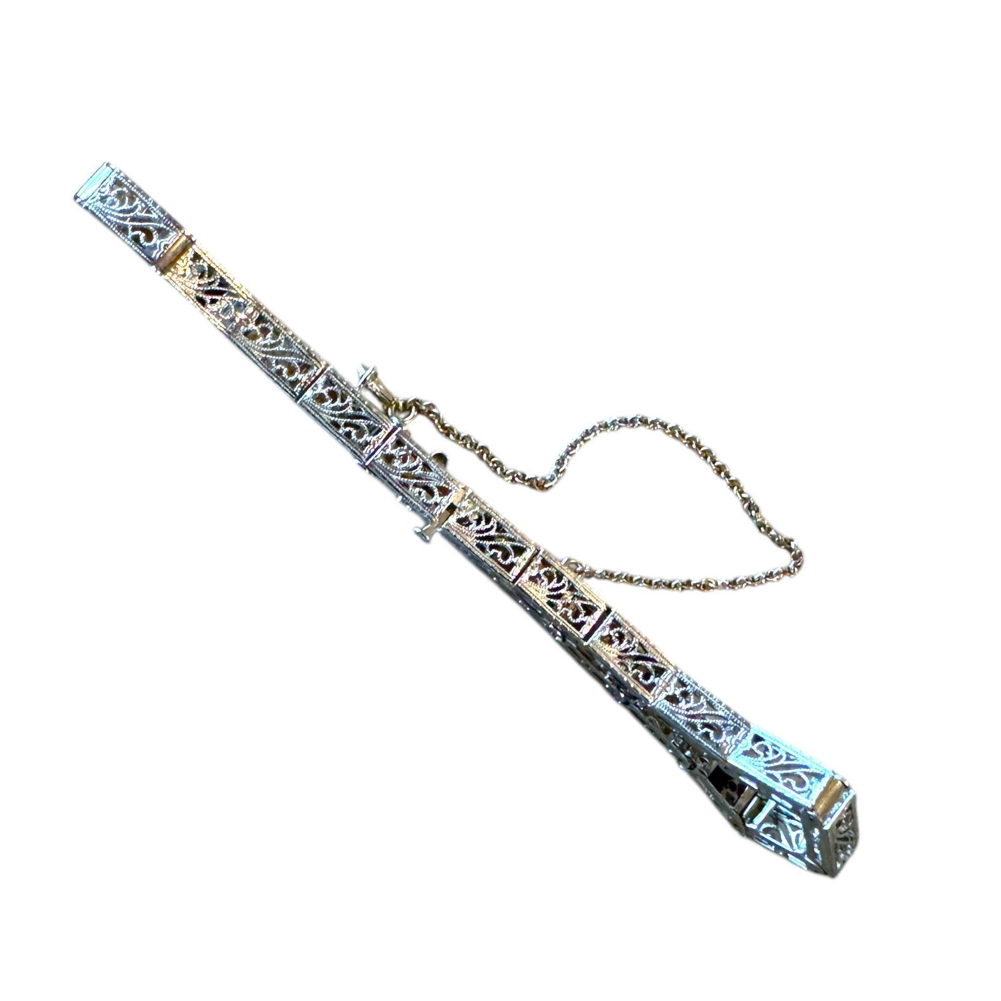 Vintage Dainty Art Deco Era Sapphire & Diamond Filigree Bracelet For Sale 2