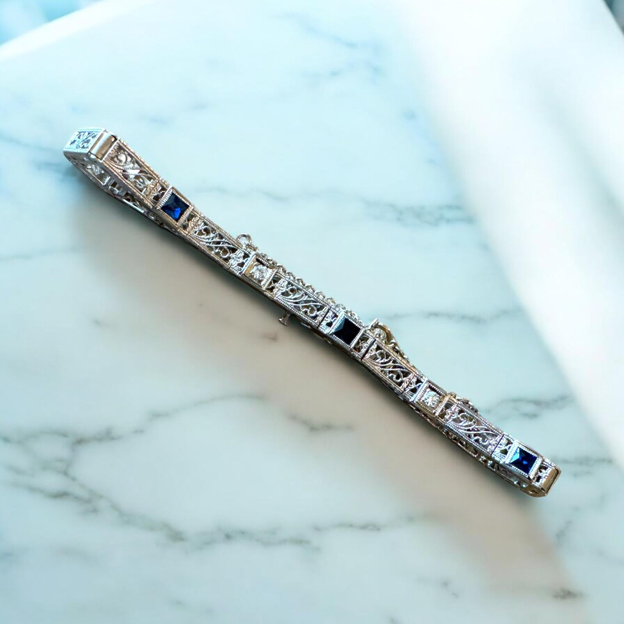 Vintage Dainty Art Deco Era Sapphire & Diamond Filigree Bracelet For Sale 3