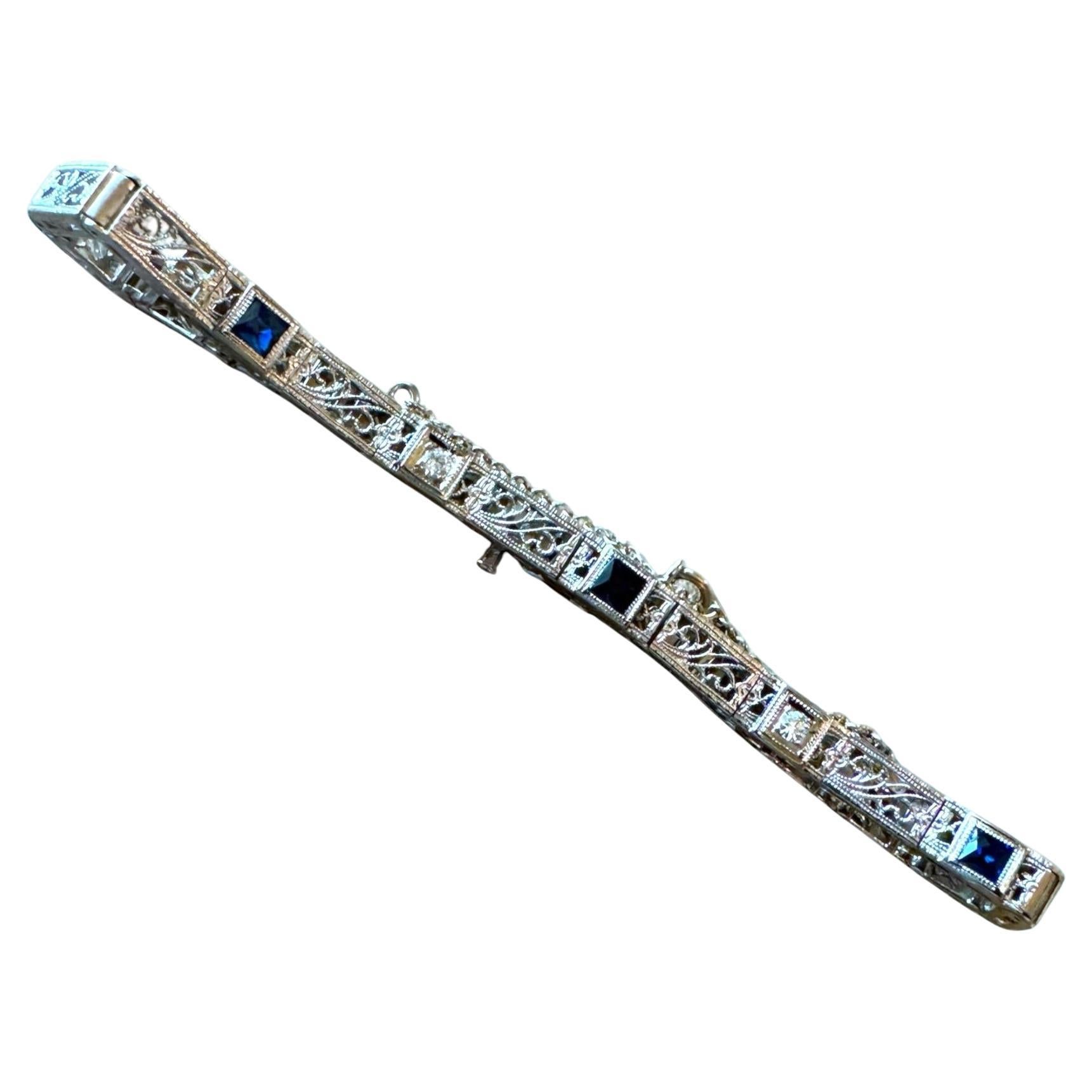 Vintage Dainty Art Deco Era Sapphire & Diamond Filigree Bracelet