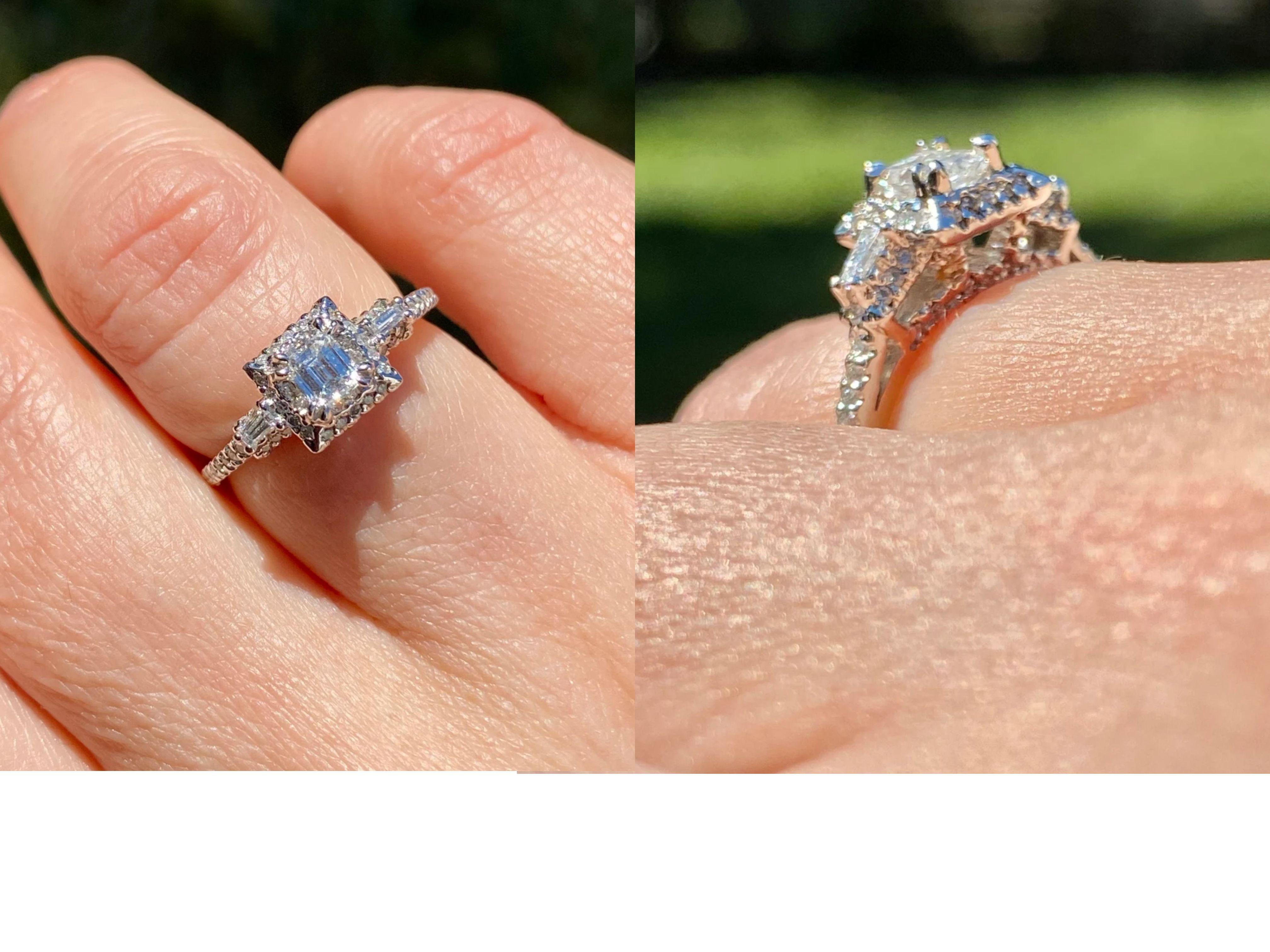 Taille émeraude Bague vintage en or blanc 18 carats avec diamant naturel taille émeraude en vente