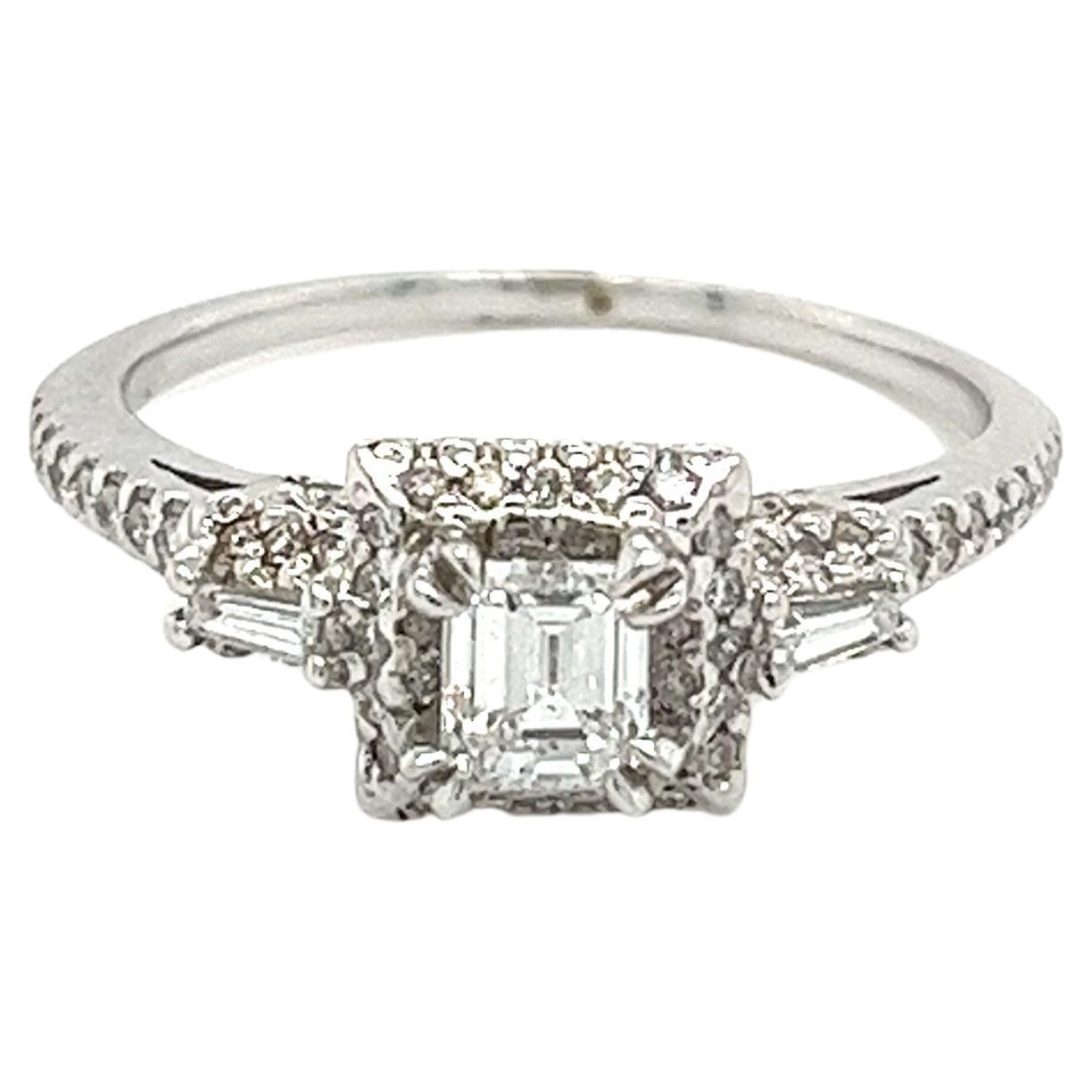 Vintage Dainty Emerald Cut Natural Diamond Ring in 18K White Gold For Sale