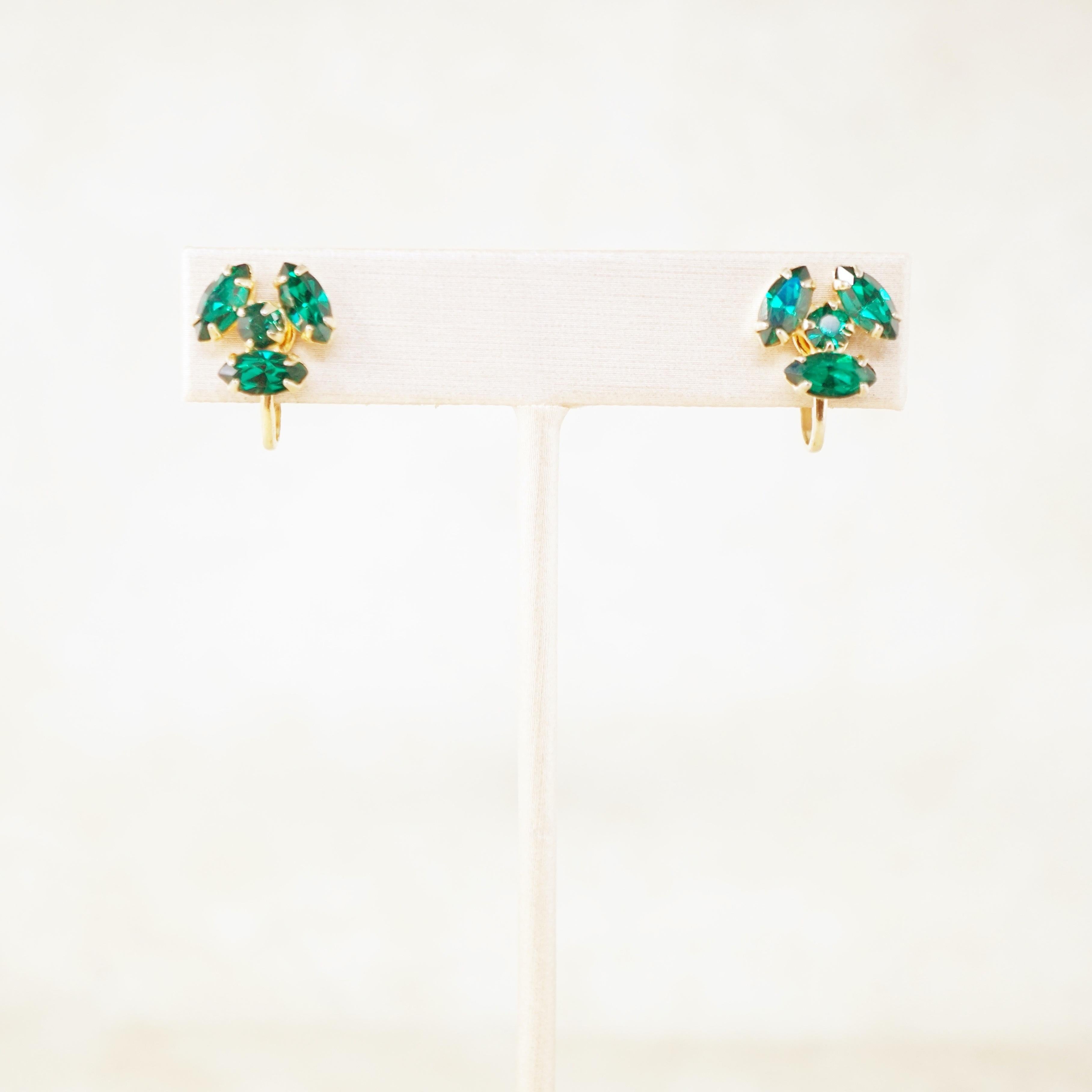 Modern Vintage Dainty Emerald Rhinestone Earrings by Coro, 1950s