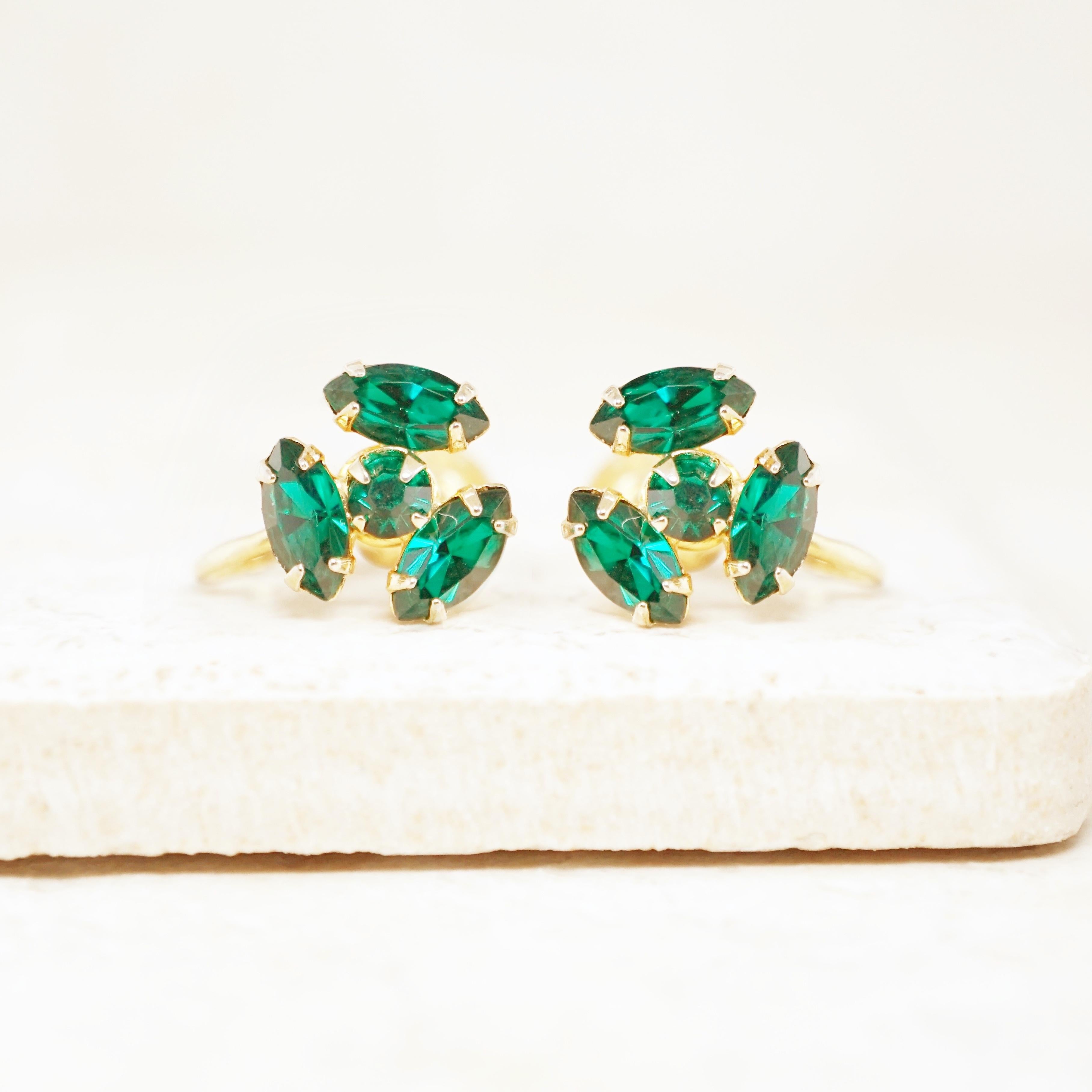 Women's Vintage Dainty Emerald Rhinestone Earrings by Coro, 1950s