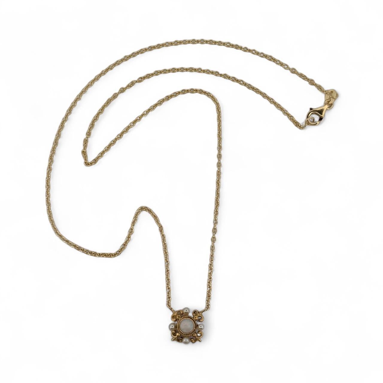 Victorien Vintage Dainty Opal & Pearl Pendant Chain Necklace en vente