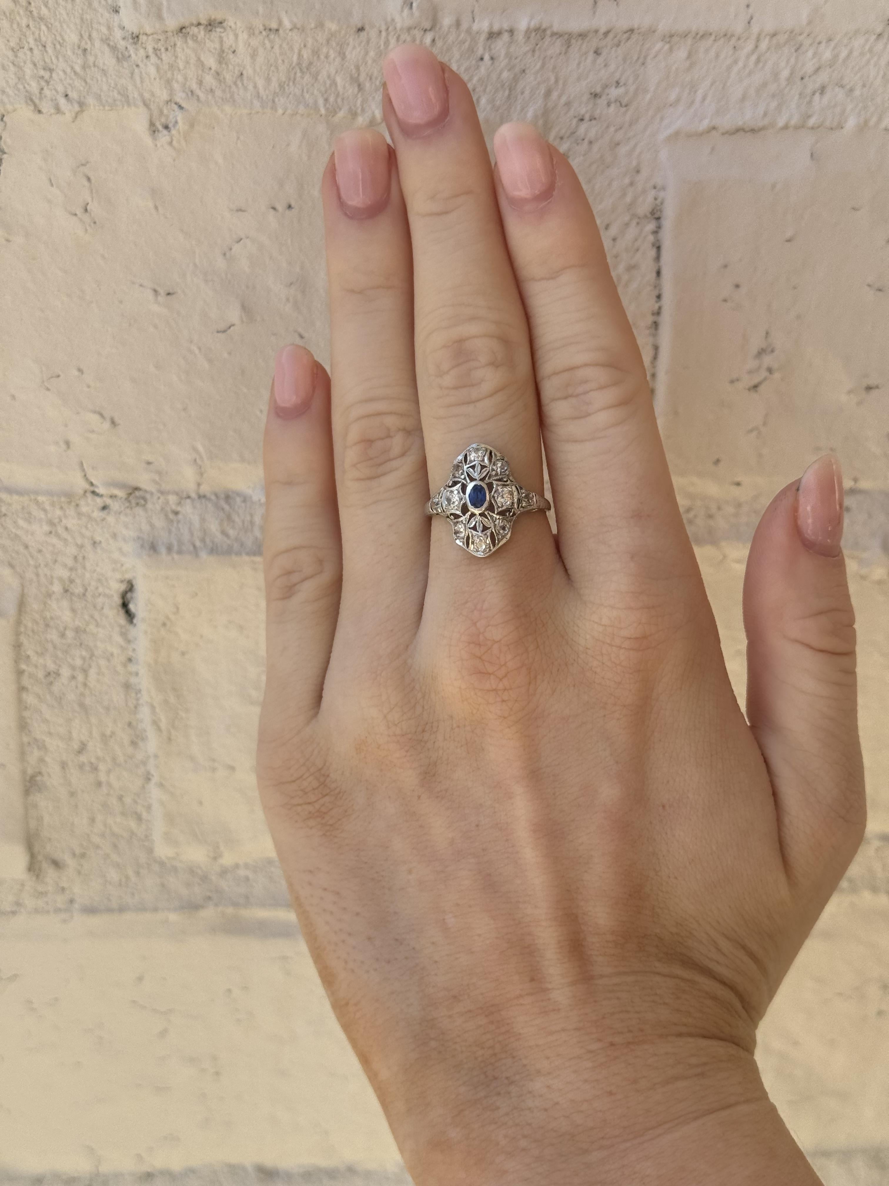 Oval Cut Vintage Dainty Platinum Sapphire & Diamond Filigree Ring