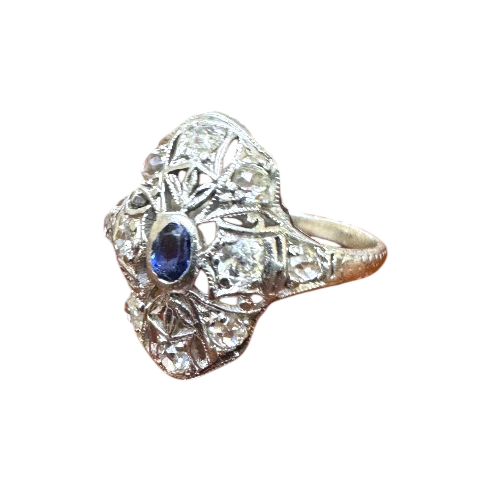 Women's Vintage Dainty Platinum Sapphire & Diamond Filigree Ring