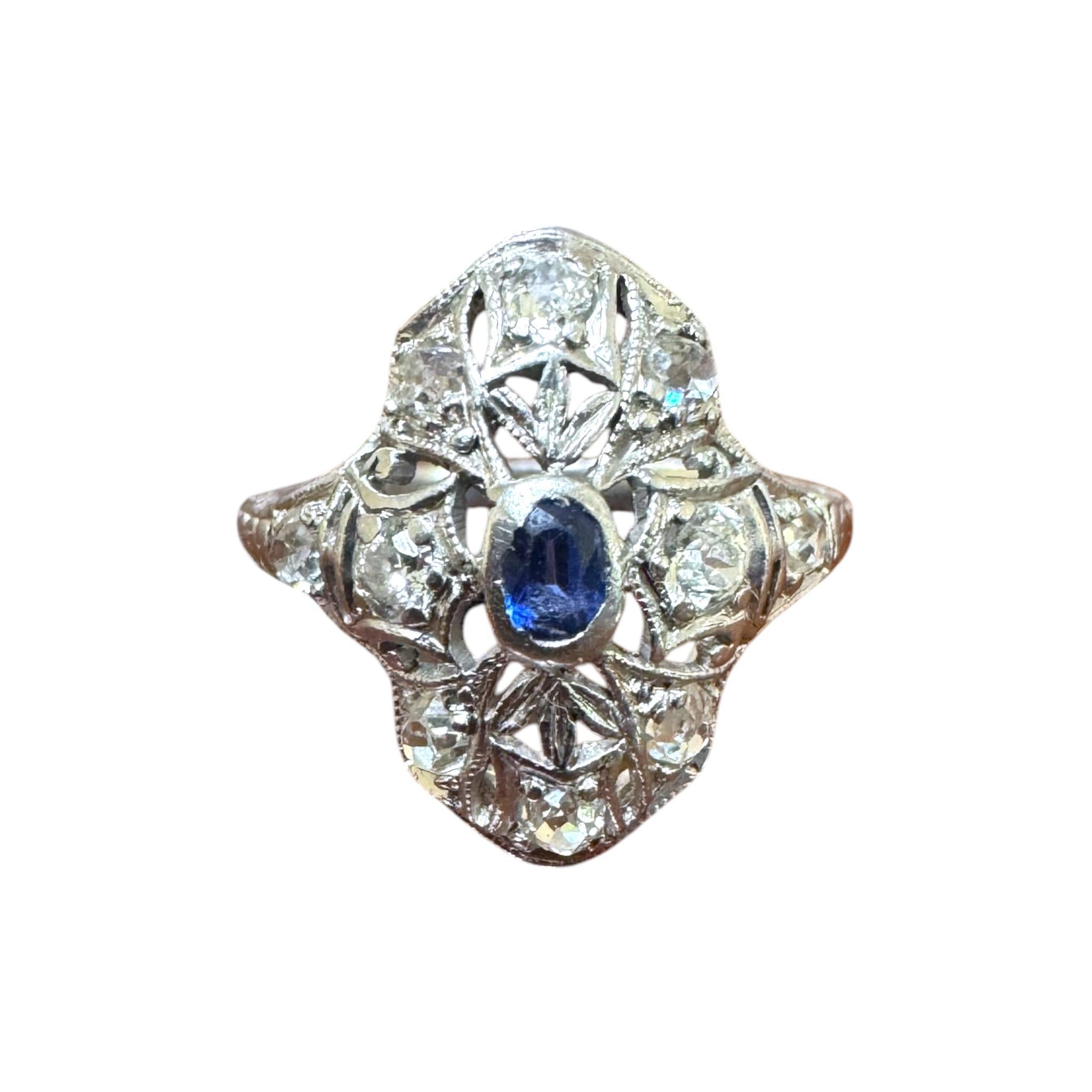 Vintage Dainty Platinum Sapphire & Diamond Filigree Ring 1
