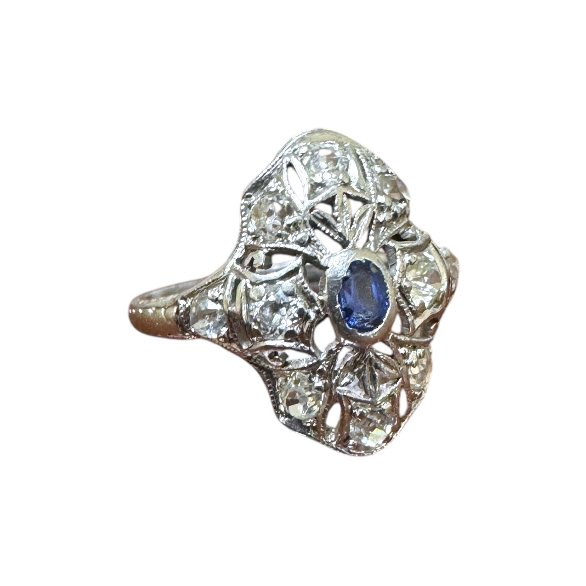 Vintage Dainty Platinum Sapphire & Diamond Filigree Ring 2