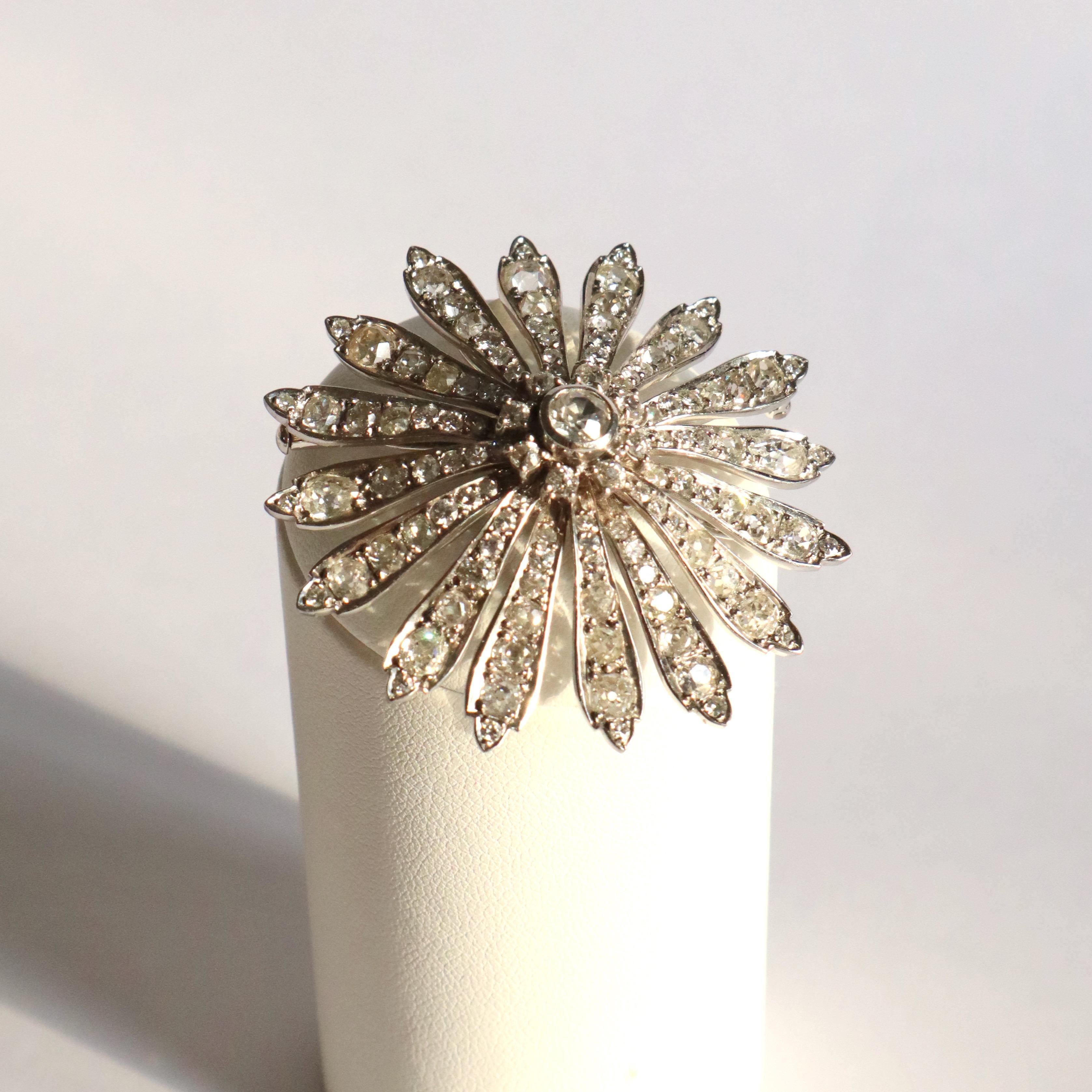 Vintage Daisy Brooch circa 1900-1930 in 18 Carat White Gold and Diamonds In Good Condition For Sale In Paris, FR
