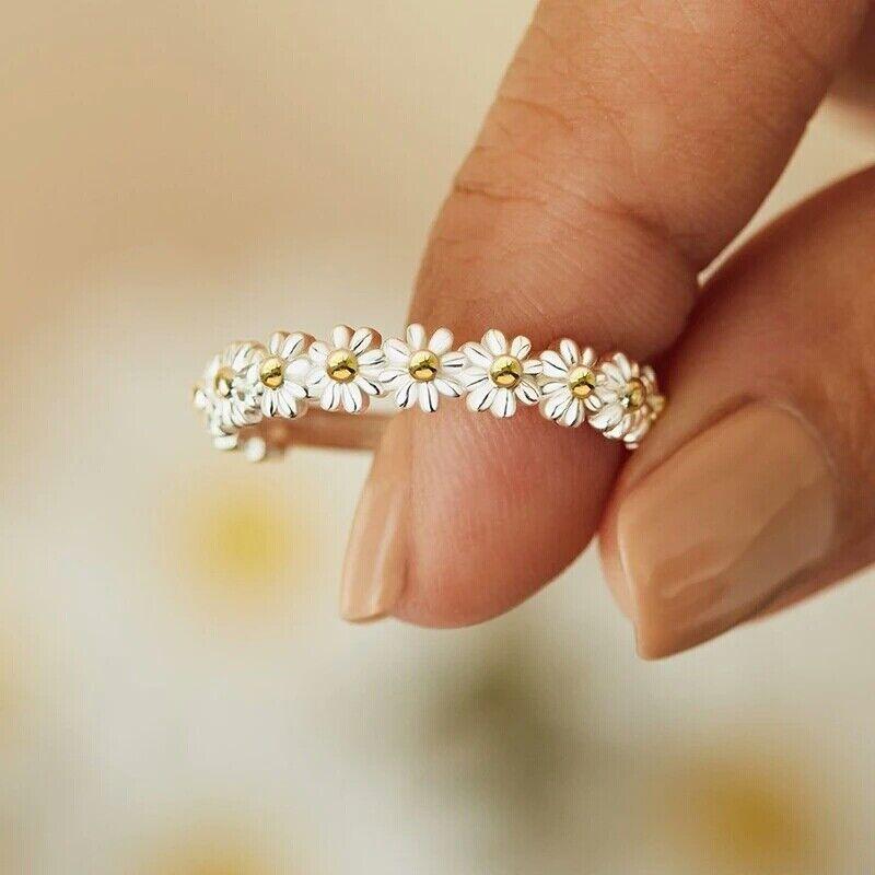 Art Deco Vintage Daisy Flower Open Ring For Women Korean Style 925 Silver Sunflower Rings For Sale