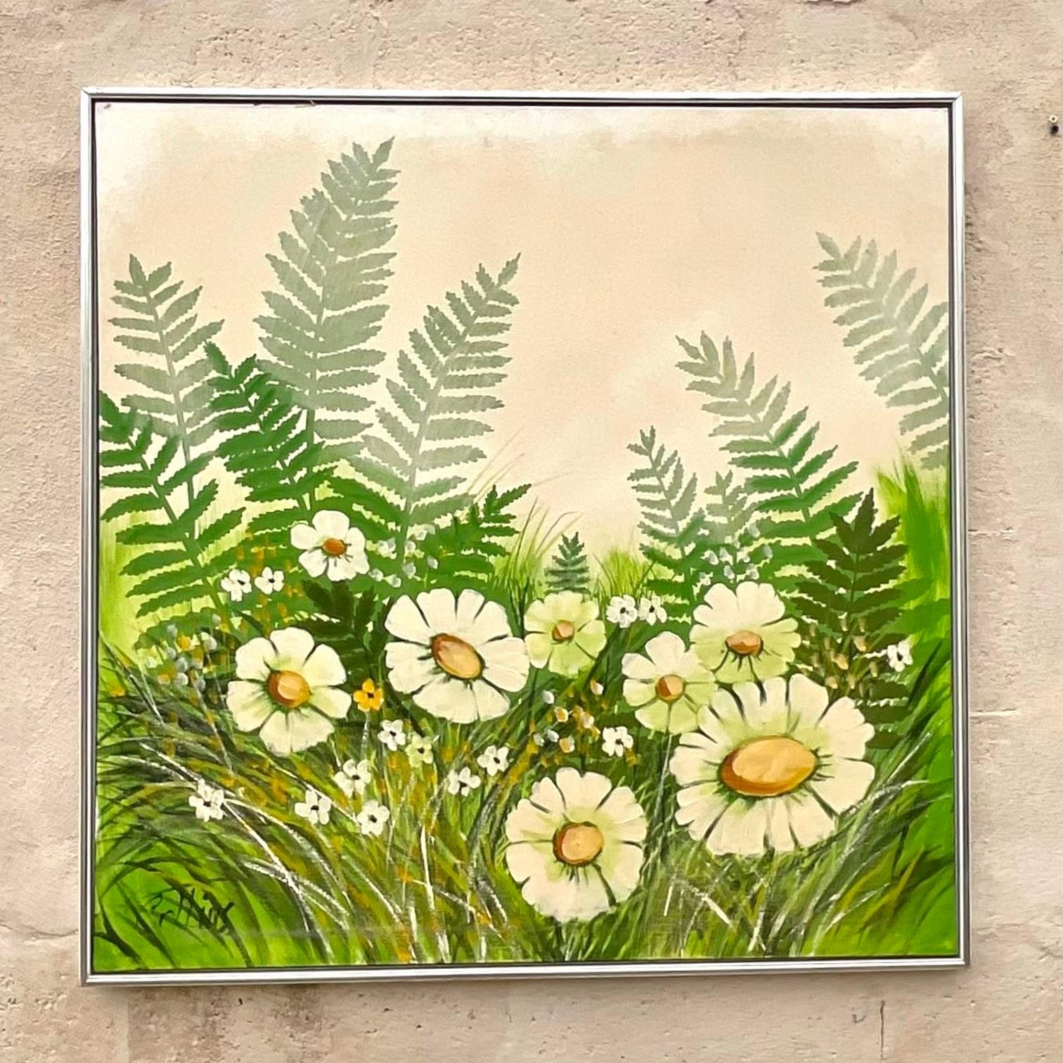 A lovely vintage painting of daisies in a field. The paining is rich in the color green to contrast the paleness of the white flowers. It is signed on the left side by the artist. Acquired at a Palm Beach estate. less