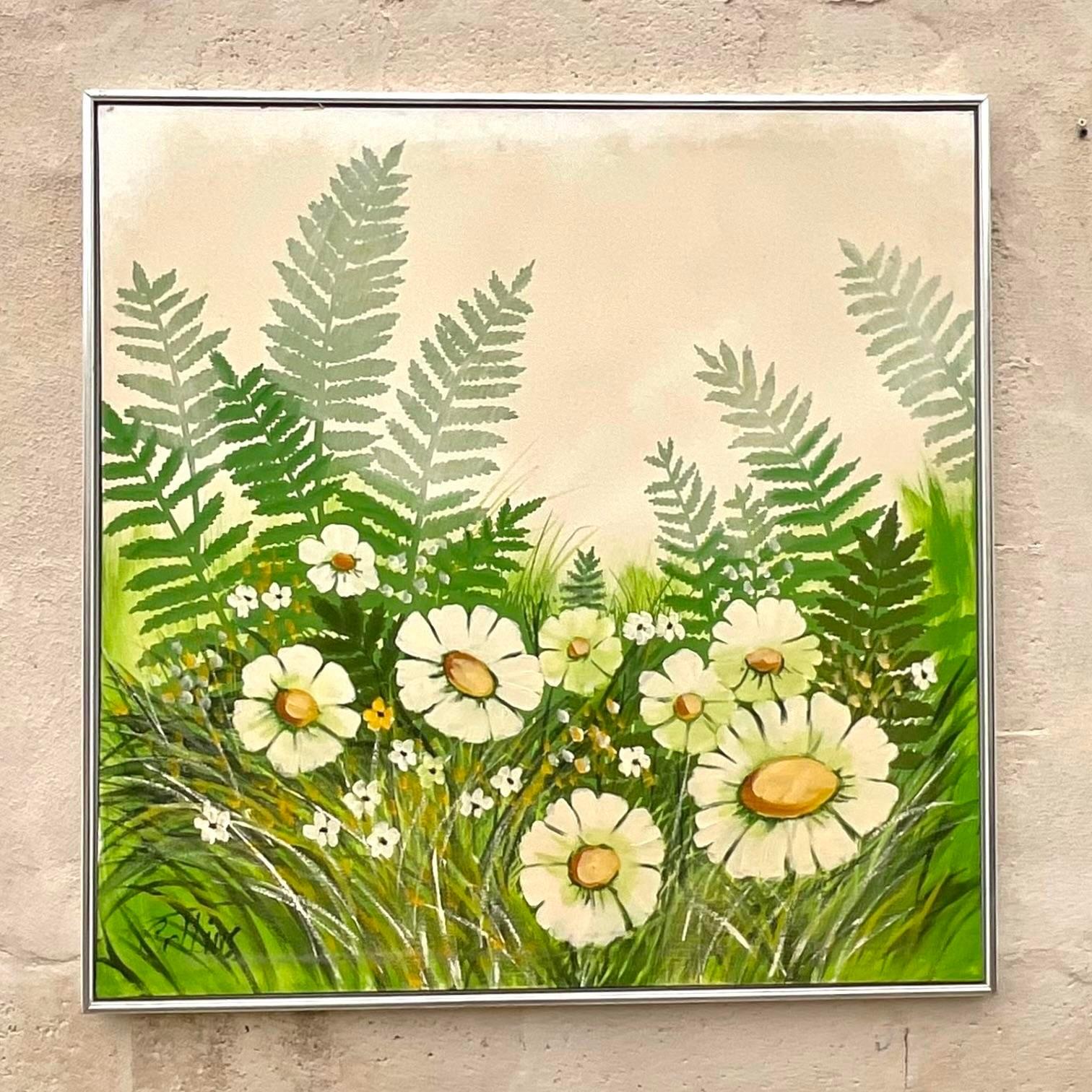 Un delizioso dipinto vintage di margherite in un campo. Il dipinto è ricco di colore verde per contrastare il pallore dei fiori bianchi. È firmato sul lato sinistro dall'artista. Acquistato in una tenuta di Palm Beach. meno