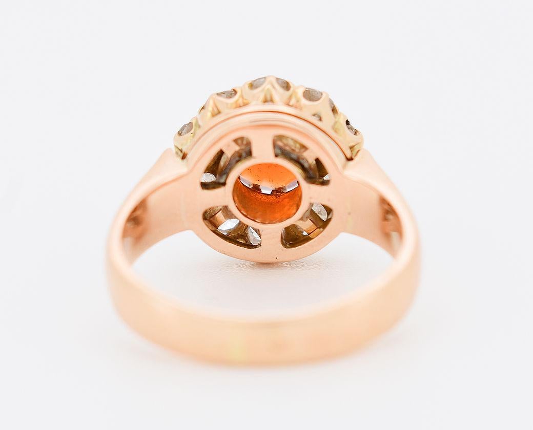 Old Mine Cut Vintage Daisy Ring in 14-Carat Gold, Spessartite Garnet and Diamonds. For Sale