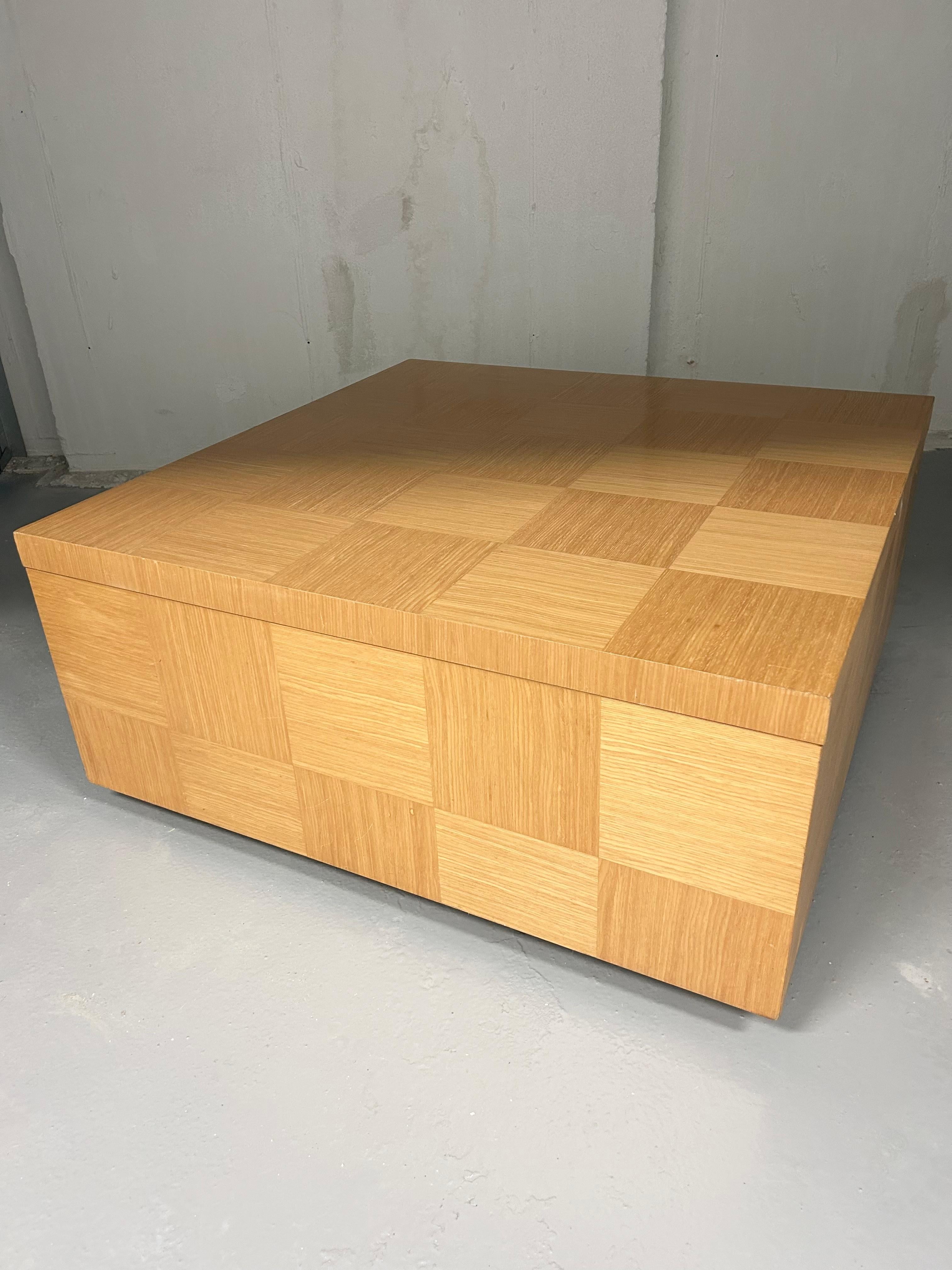 Vintage Dakota Jackson for lane checkered coffee table. Wood veneer grain placed in contrasting directions creates subtle checked pattern. Minimal wear - a few light scuffs pictured.