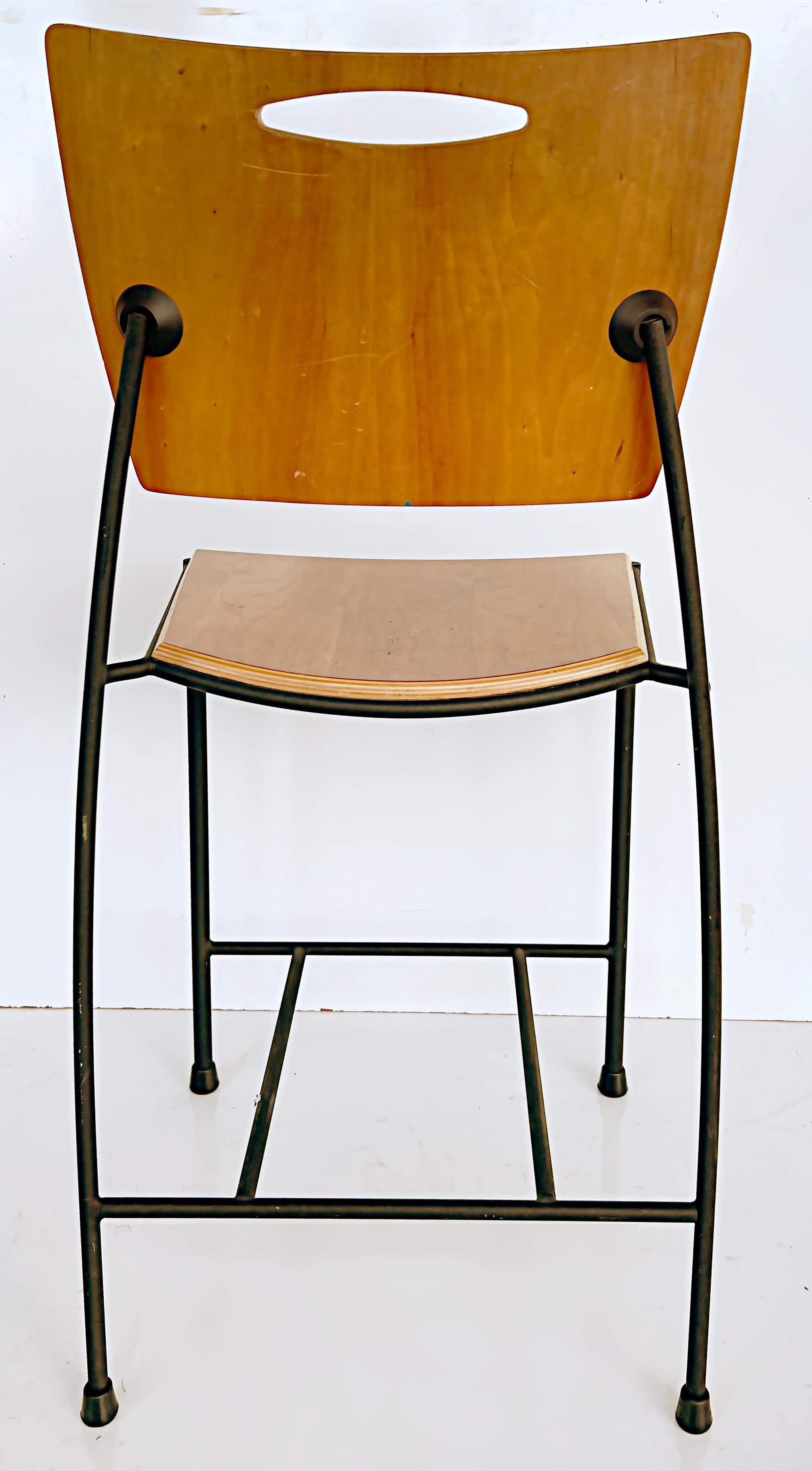 Vintage Dakota Jackson Postmodern wrought iron barstools, set of 3 

Offered for sale is a set of 3 vintage Dakota Jackson Postmodern counter height barstools. They are created in wrought iron with molded plywood seats and backs. The stools are