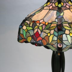 Vintage Dale Tiffany Leaded Glass Table Lamp with Bronzed Metal Base, 20th C