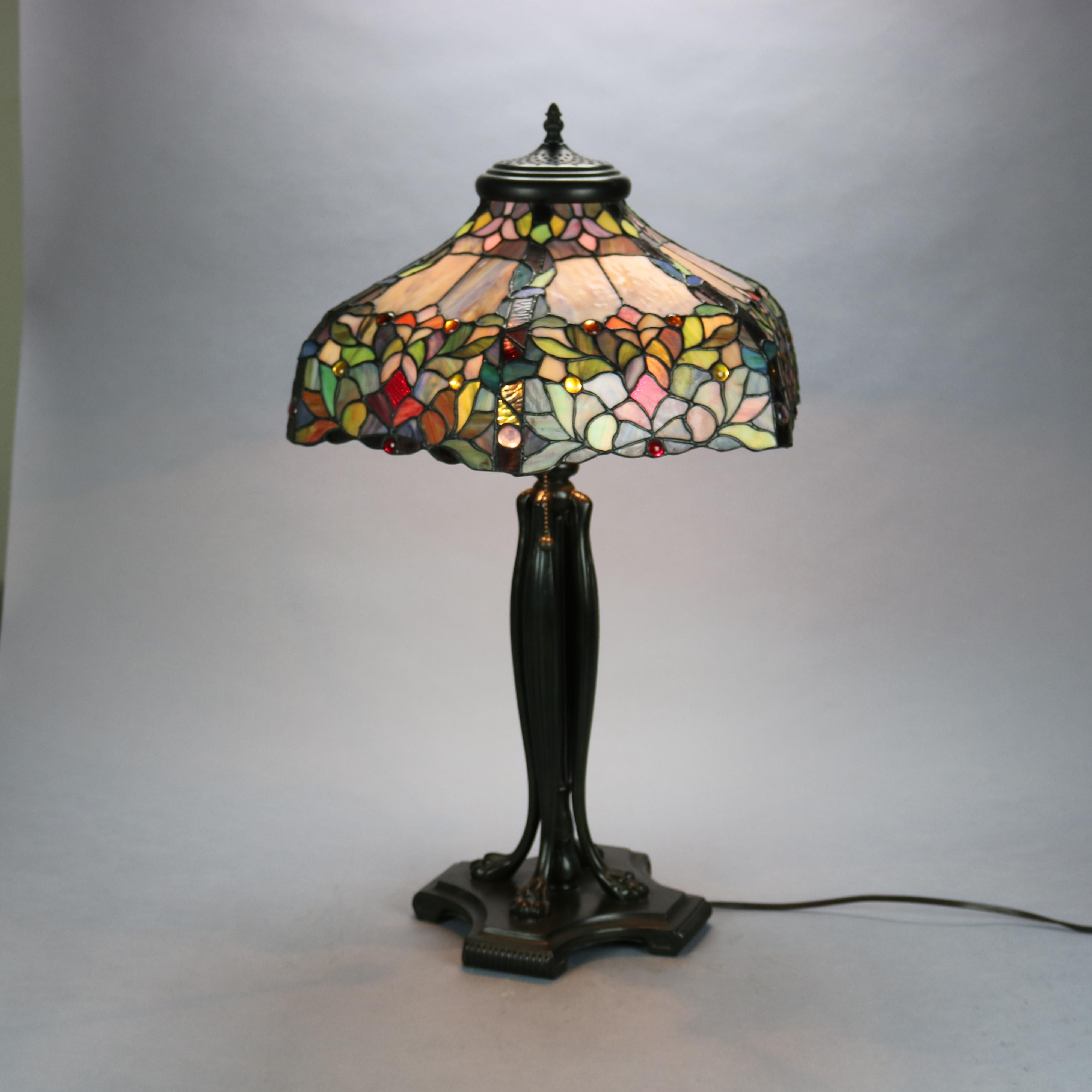 Vintage Dale Tiffany Leaded Glass Table Lamp with Bronzed Metal Base, 20th C In Good Condition In Big Flats, NY
