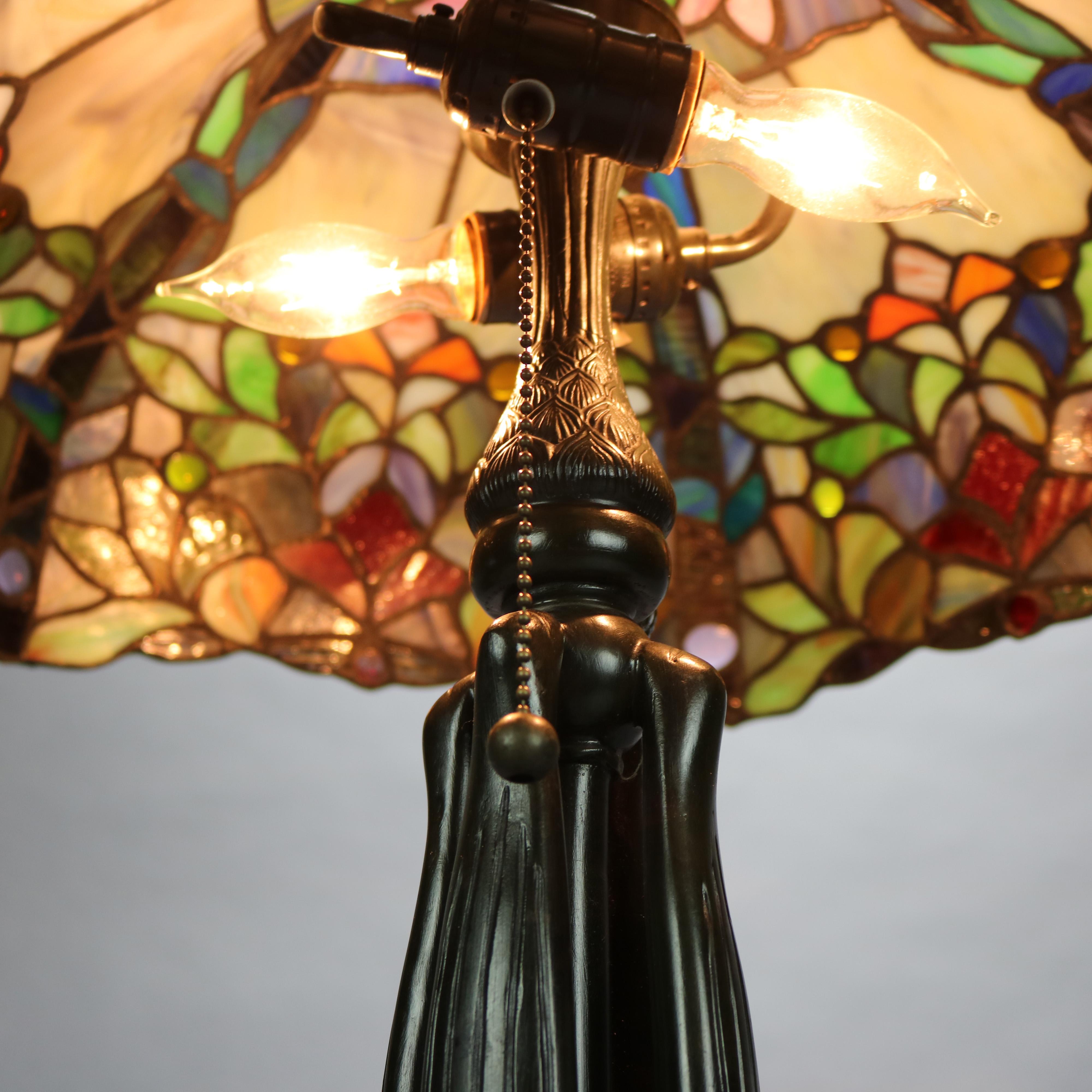 20th Century Vintage Dale Tiffany Leaded Glass Table Lamp with Bronzed Metal Base, 20th C
