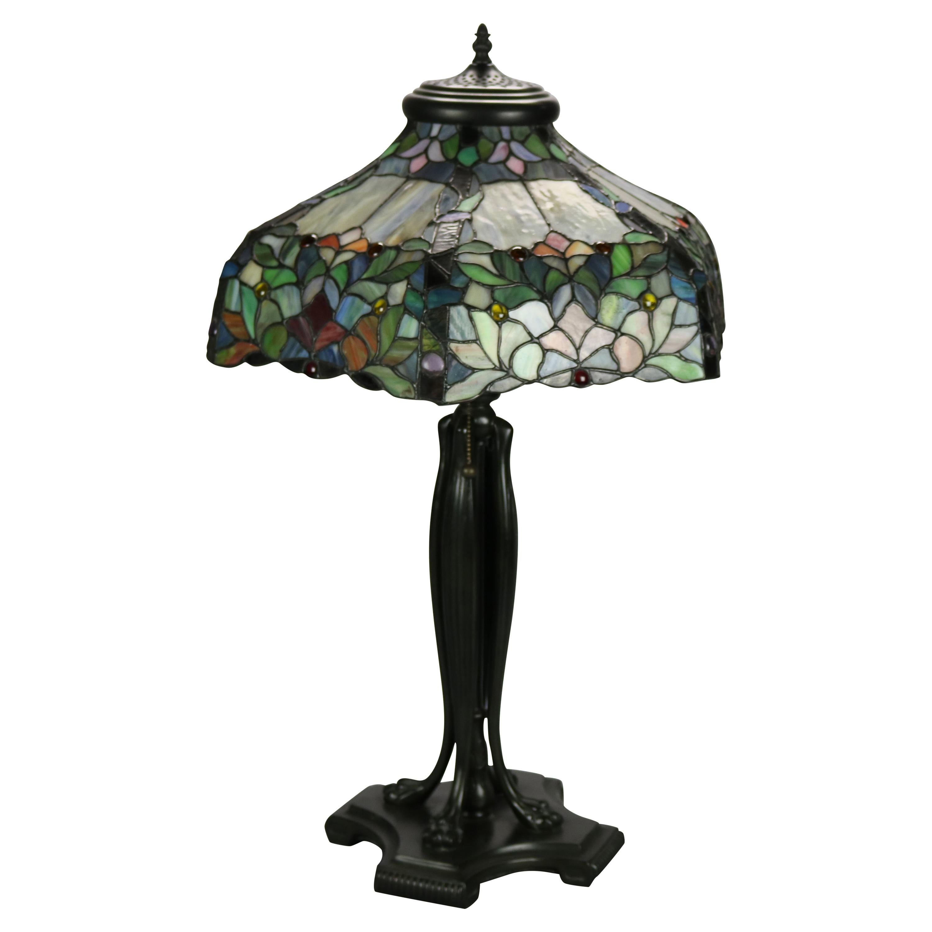 Vintage Dale Tiffany Leaded Glass Table Lamp with Bronzed Metal Base, 20th C