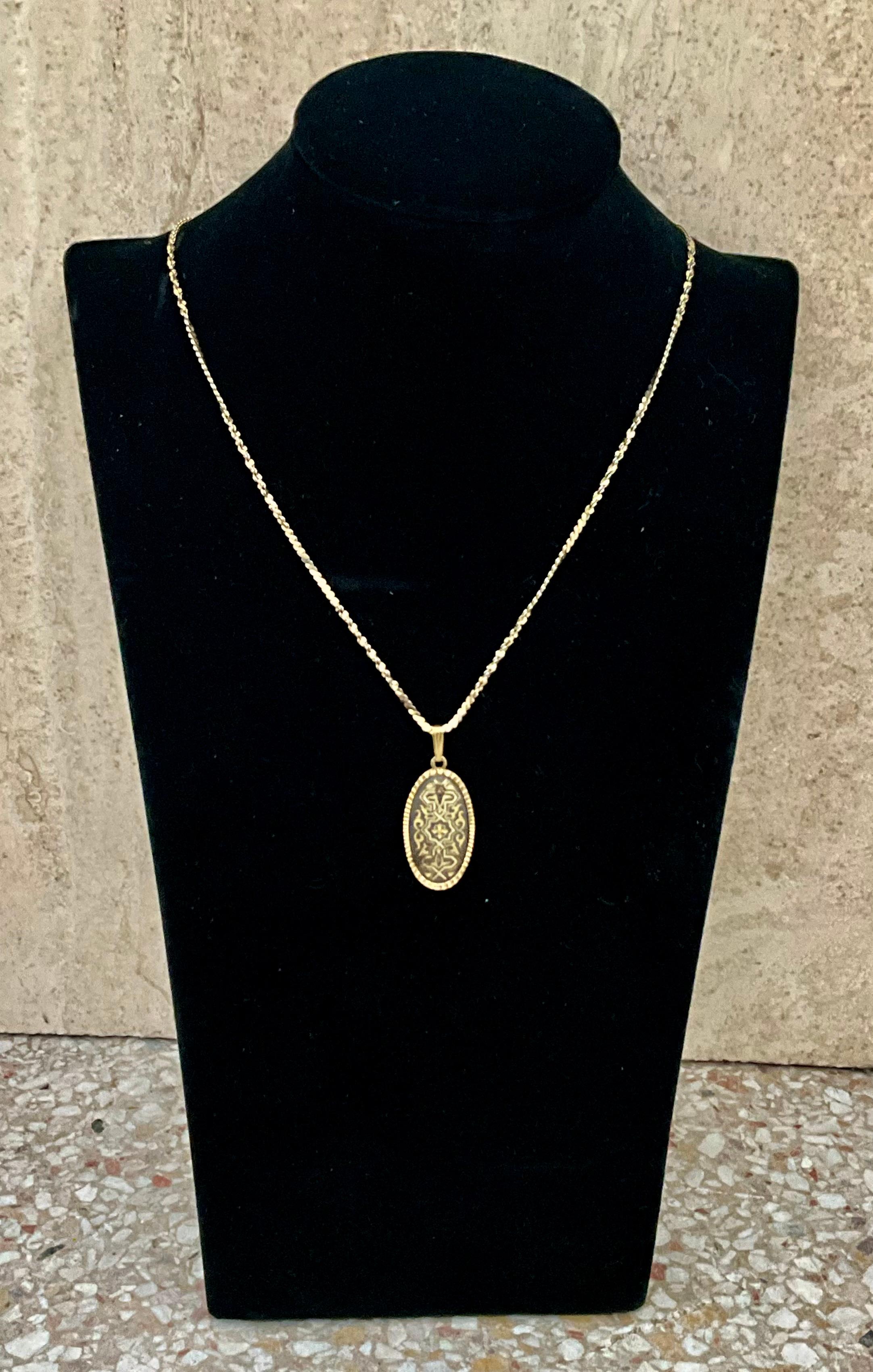 Art Deco Vintage Damascene Oval Necklace For Sale